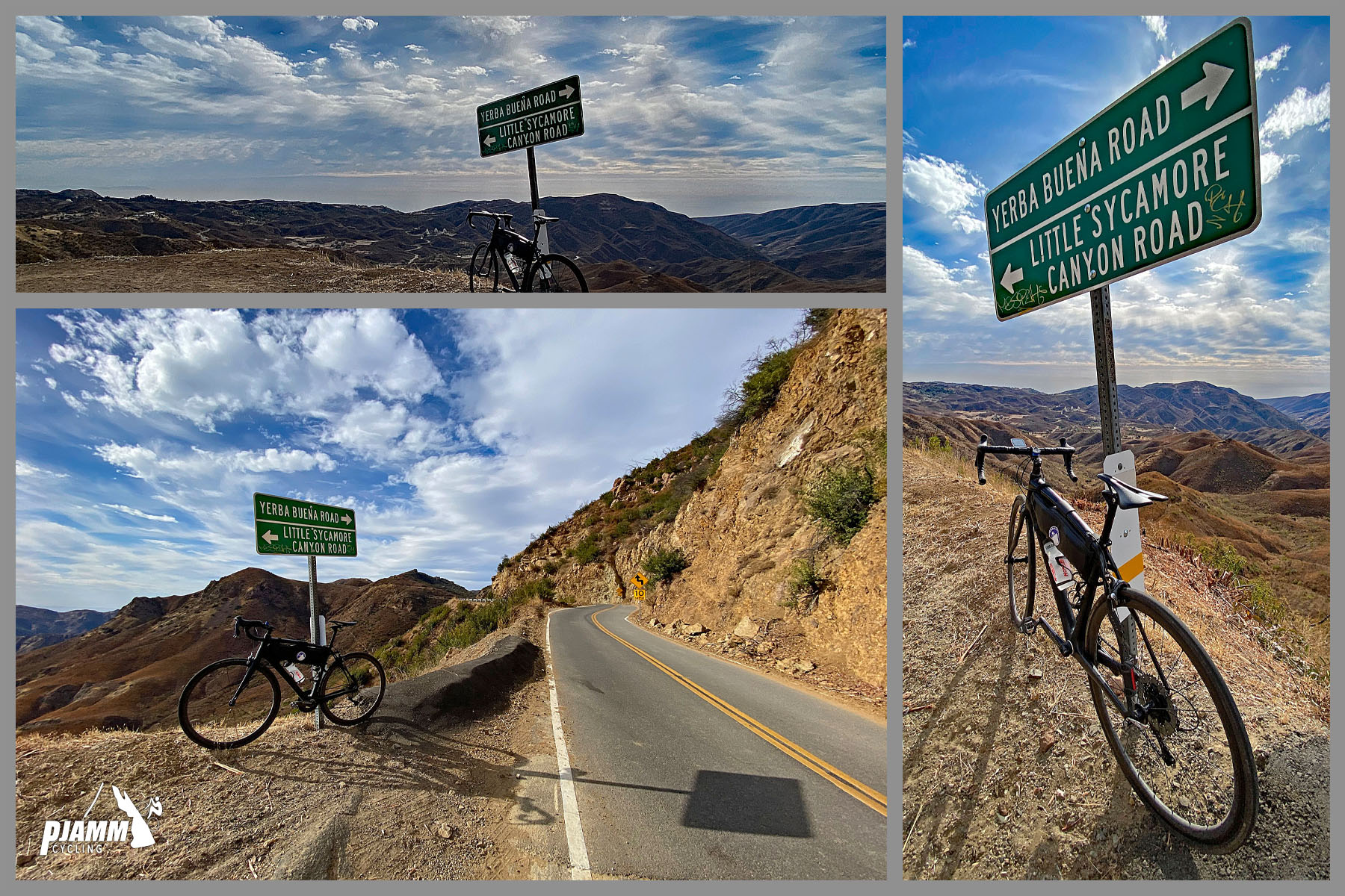 Cycling decker Road to Yerba Buena high point - bike parked on roadside against sign for Yerba Buena Road and Little Sycamore Canyon Road, Santa Monica Mountains