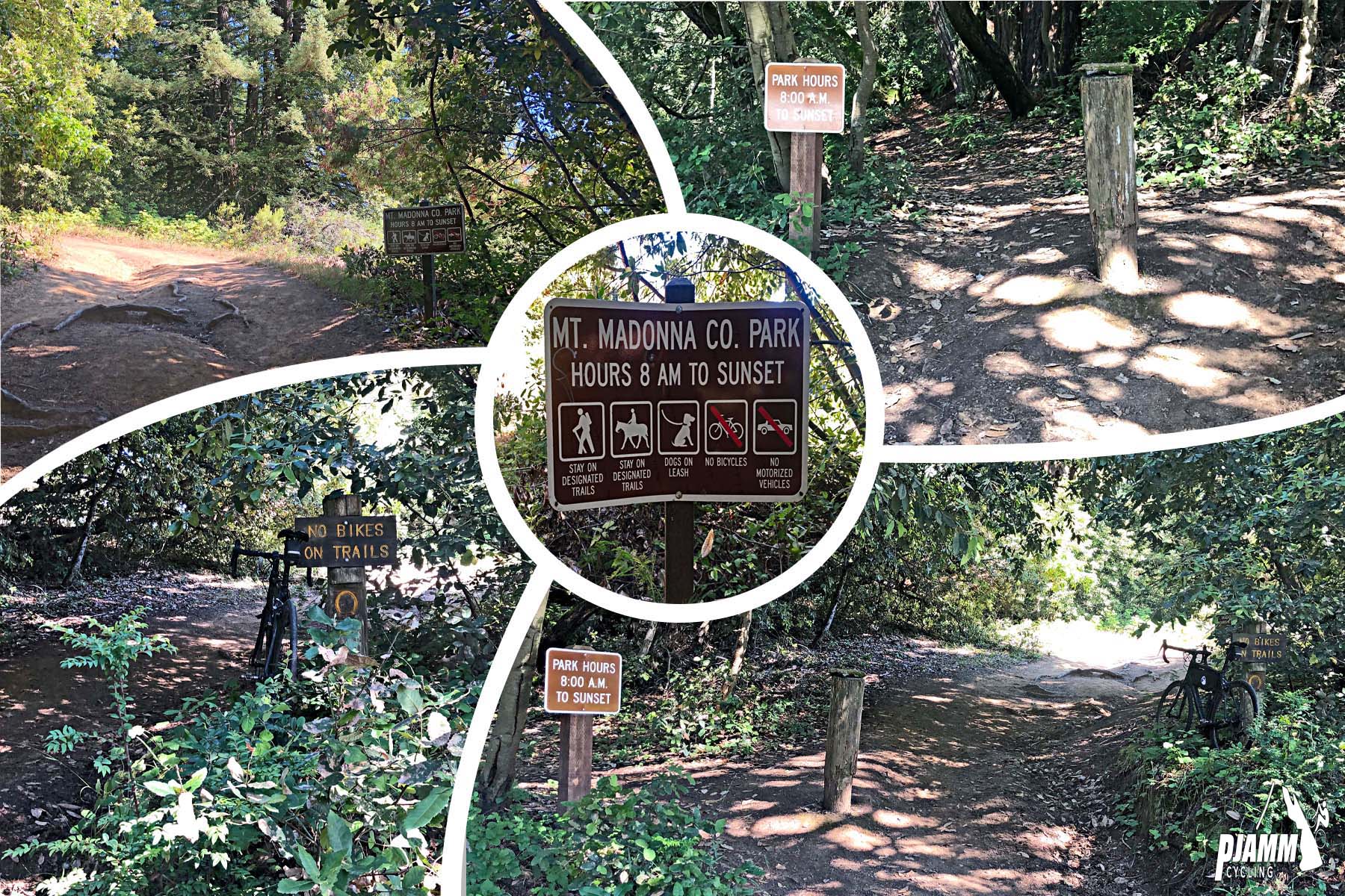 Cycling Mt. Madonna, Santa Cruz Mountains - photo collage, PJAMM Cycling logo in corner, dirt hiking trail paths covered in densely forested redwood trees, paths are shady, signs for Mt. Madonna County Park