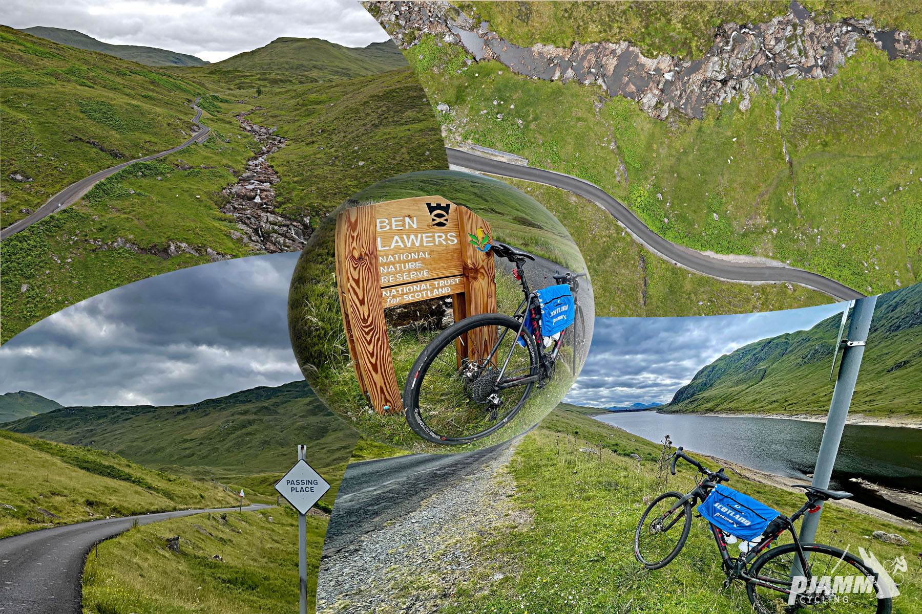 Cycling Ben Lawers, Scotland photo collage highlights lush green landscape of the Ben Lawers climb; bike parked next to wooden National Nature Reserve sign for Ben Lawers
