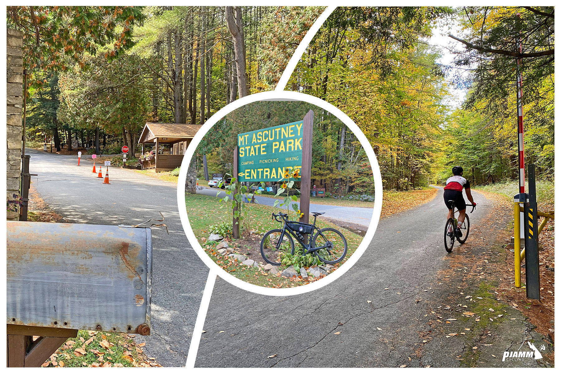 Cycling Mt. Ascutney, Vermont - climb's start at the Mt. Ascutney State Park Entrance, bike parked in front of sign, fall foliage, PJAMM Cycling logo in corner