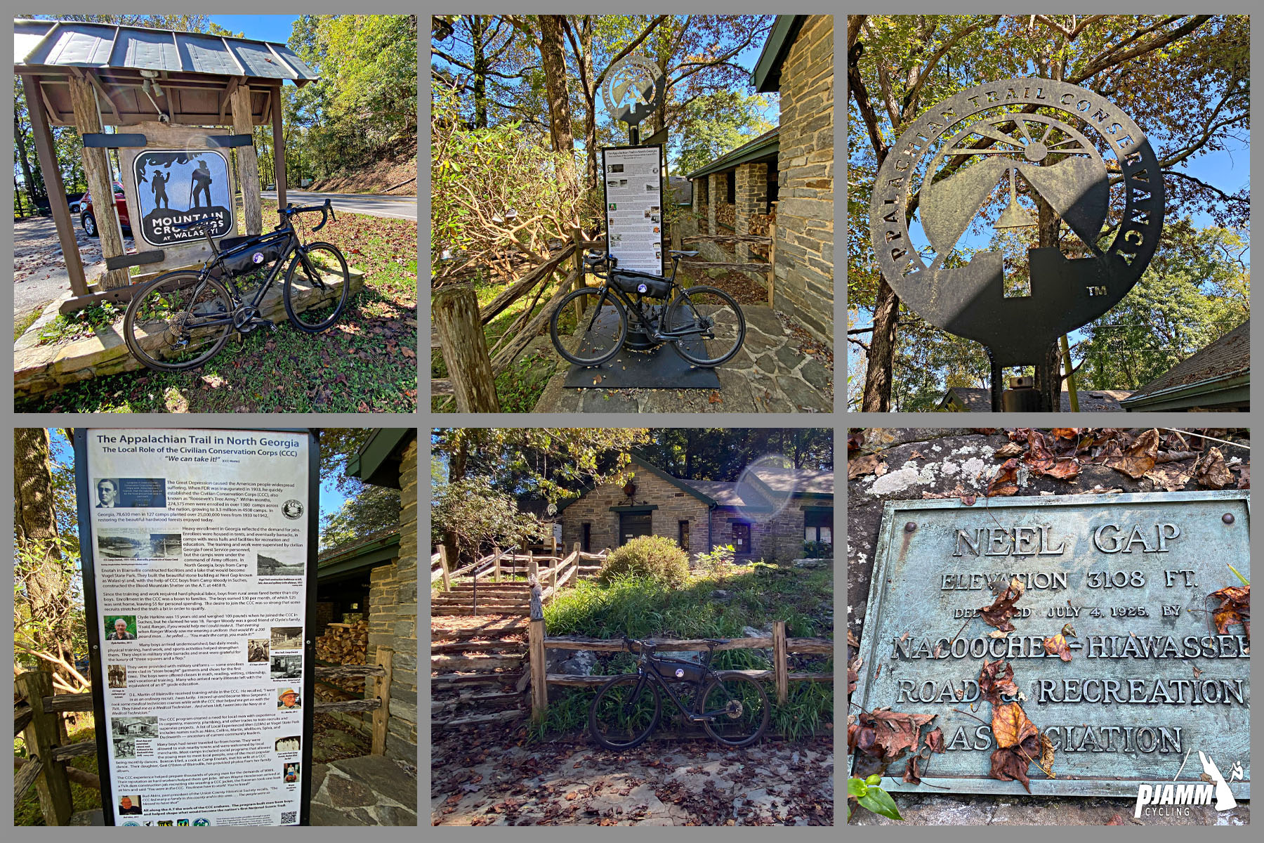 Cycling Neel Gap South, Georgia - photo collage, Appalachian Trail crossing Neels Gap, informational signs and plaques, PJAMM Cycling logo in corner