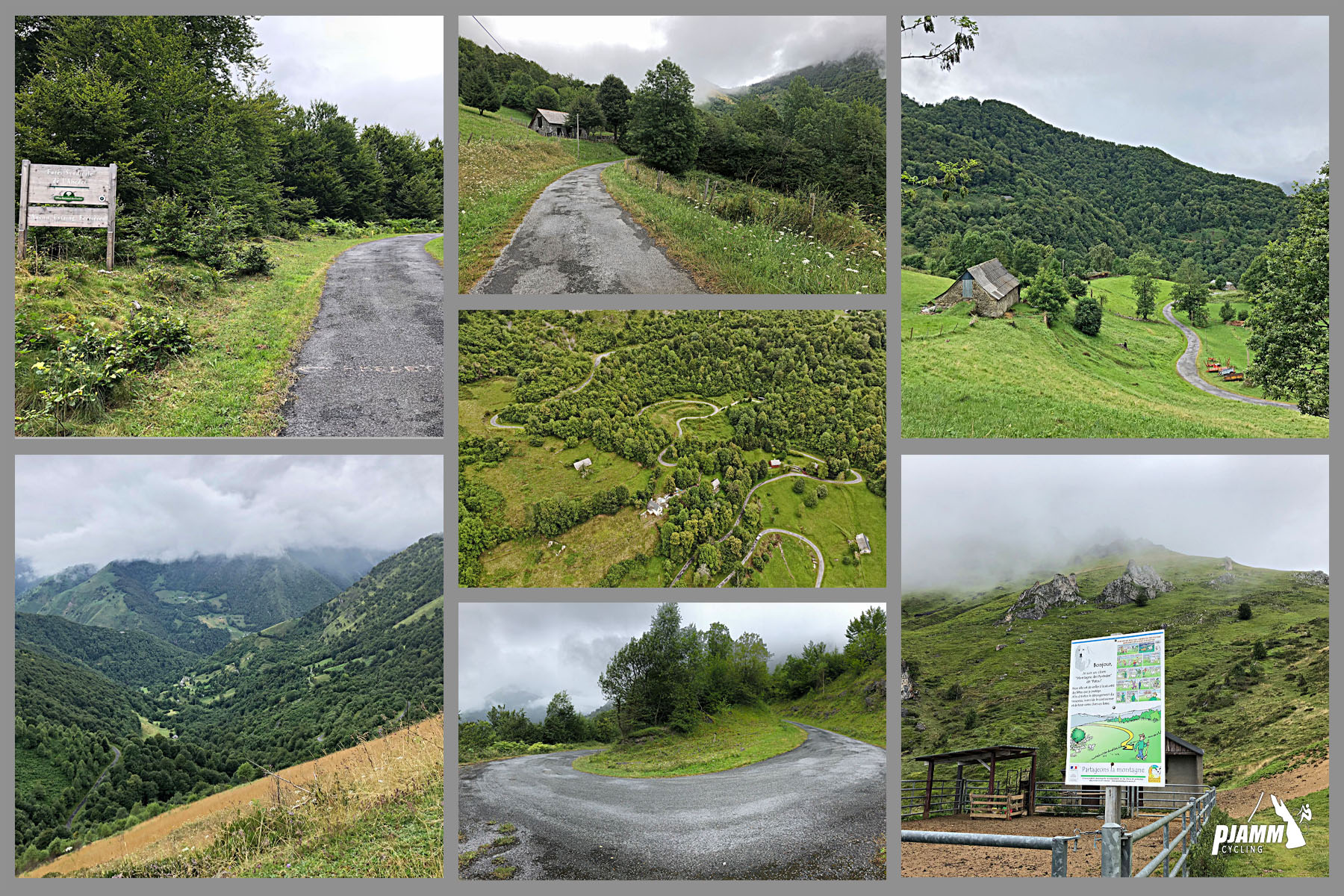 photo collage shows narrow one-lane mountain roadway surrounded by lush green landscape and pastureland; aerial drone view shows roadway snaking up hillside