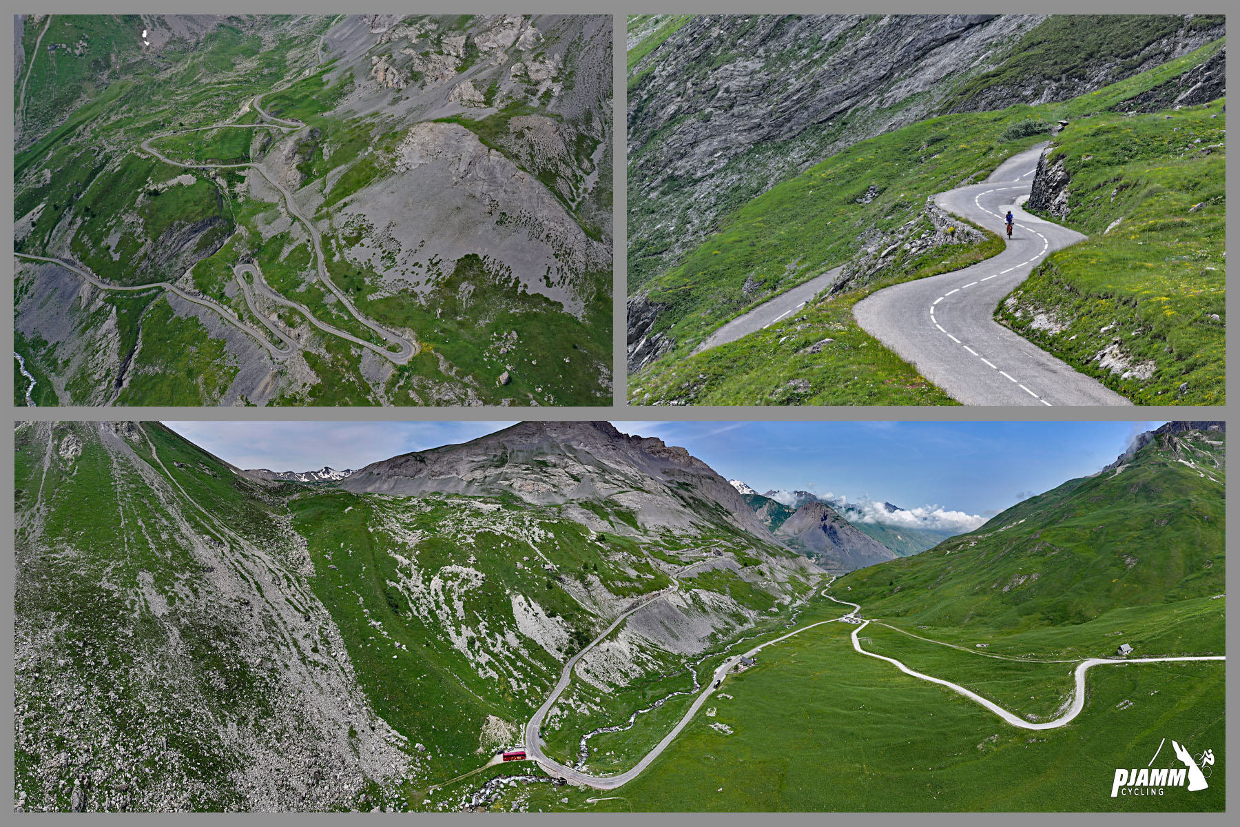 Cycling Col du Galibier & Telegraphe: photo collage shows aerial drone and panoramic views of hairpin turns at kilometer 10
