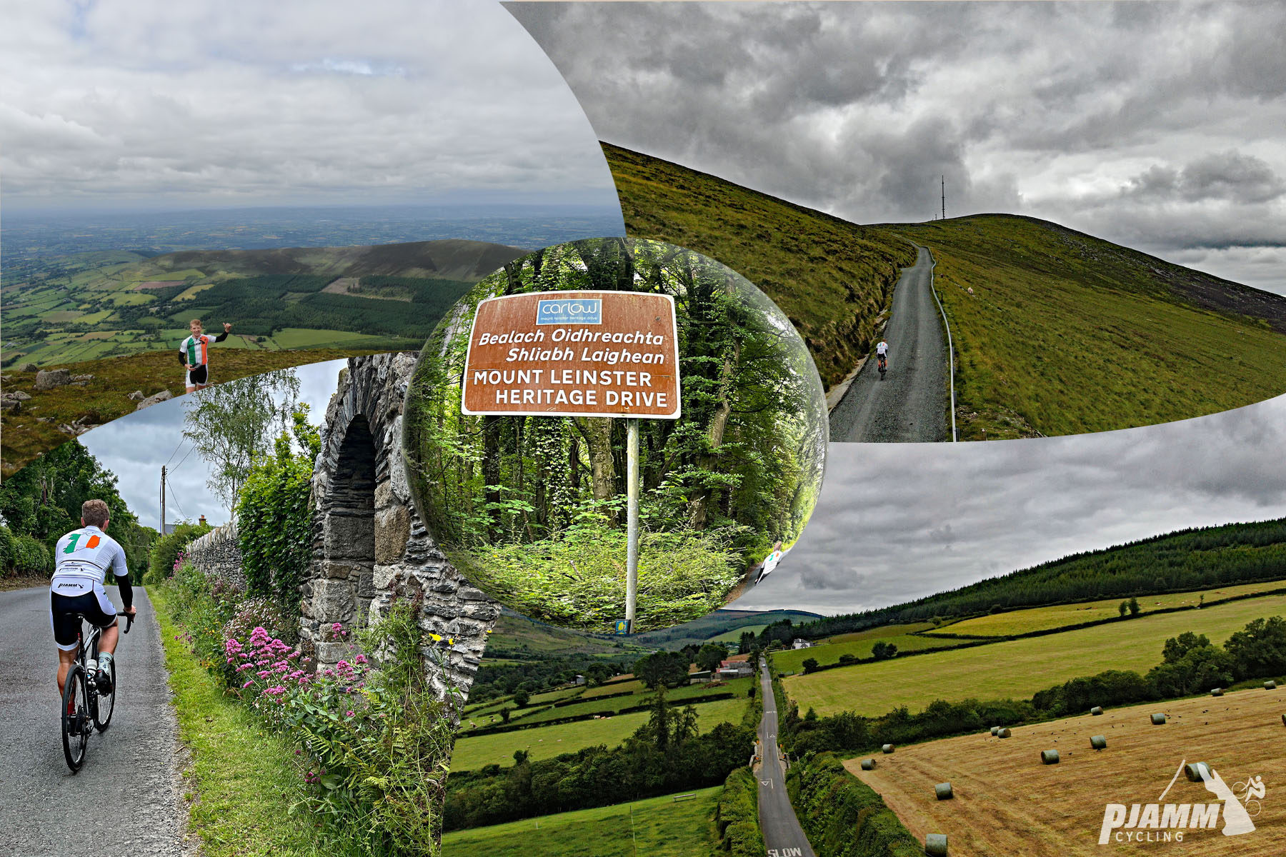 photo collage shows views along the Mt. Leinster from Bunclody route; sign for Mt. Leinster Heritage Drive; aerial drone view of sheep in pastureland