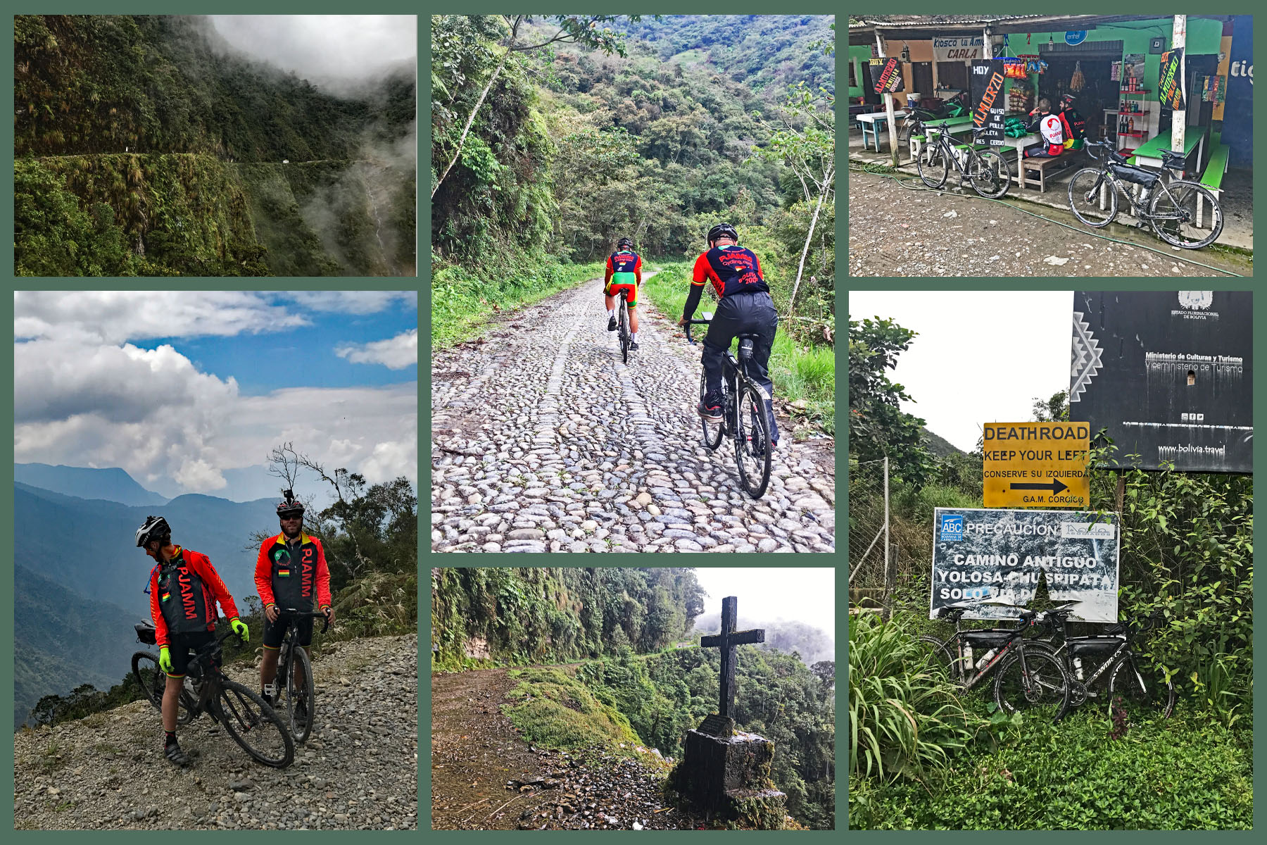 photo collage shows rainforest setting, foggy day on the Death Road, PJAMM Cyclists riding on cobblestone road, roadside memorial with cross