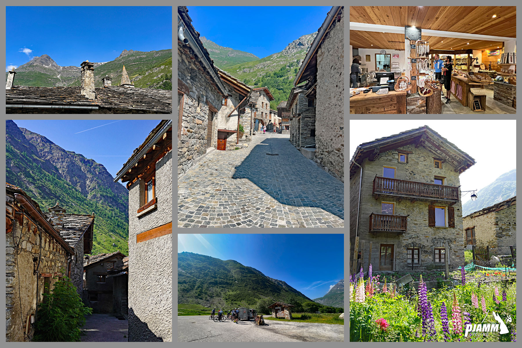 Col de L'Iseran from Bonneval-sur-Arc: view of shops and buildings in Bonneval-sur-Arc, cobblestone roads, bright flowers
