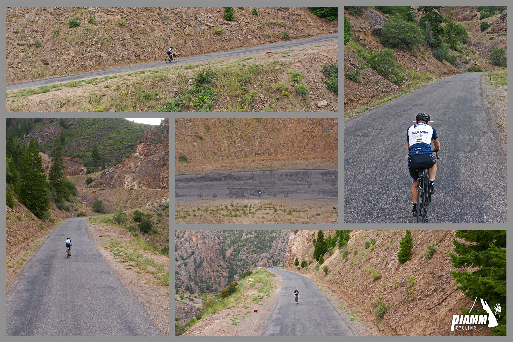 Cycling East Portal, Colorado - photo collage, PJAMM Cycling logo in corner, cyclist climbing on one-lane, rural roadway surrounded by dirt and scrub brush
