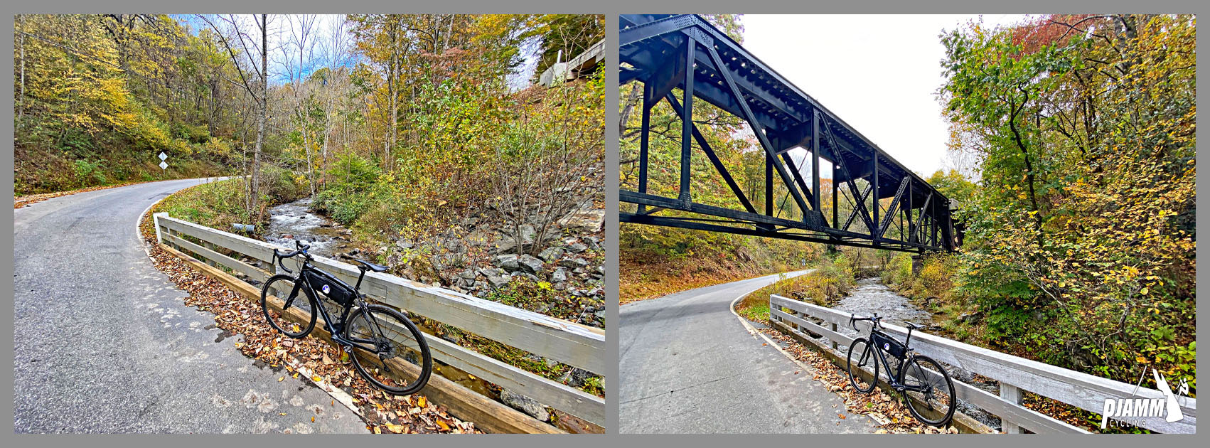 Cycling Richland Balsam, Blue Ridge Parkway - bike parked against fence line along creek surrounded by fall foliage, train bridge above