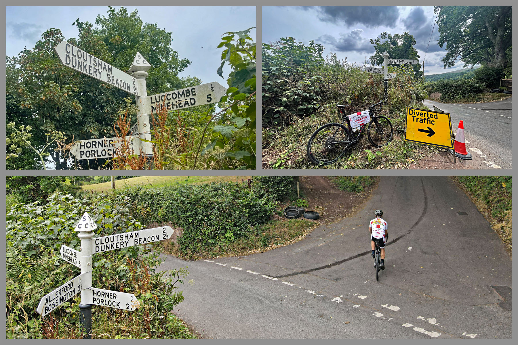photo collage shows PJAMM Cyclist at climb's start, intersection; street signs read Cloutsham, Dunkery Beacon, Luccombe, Minehead