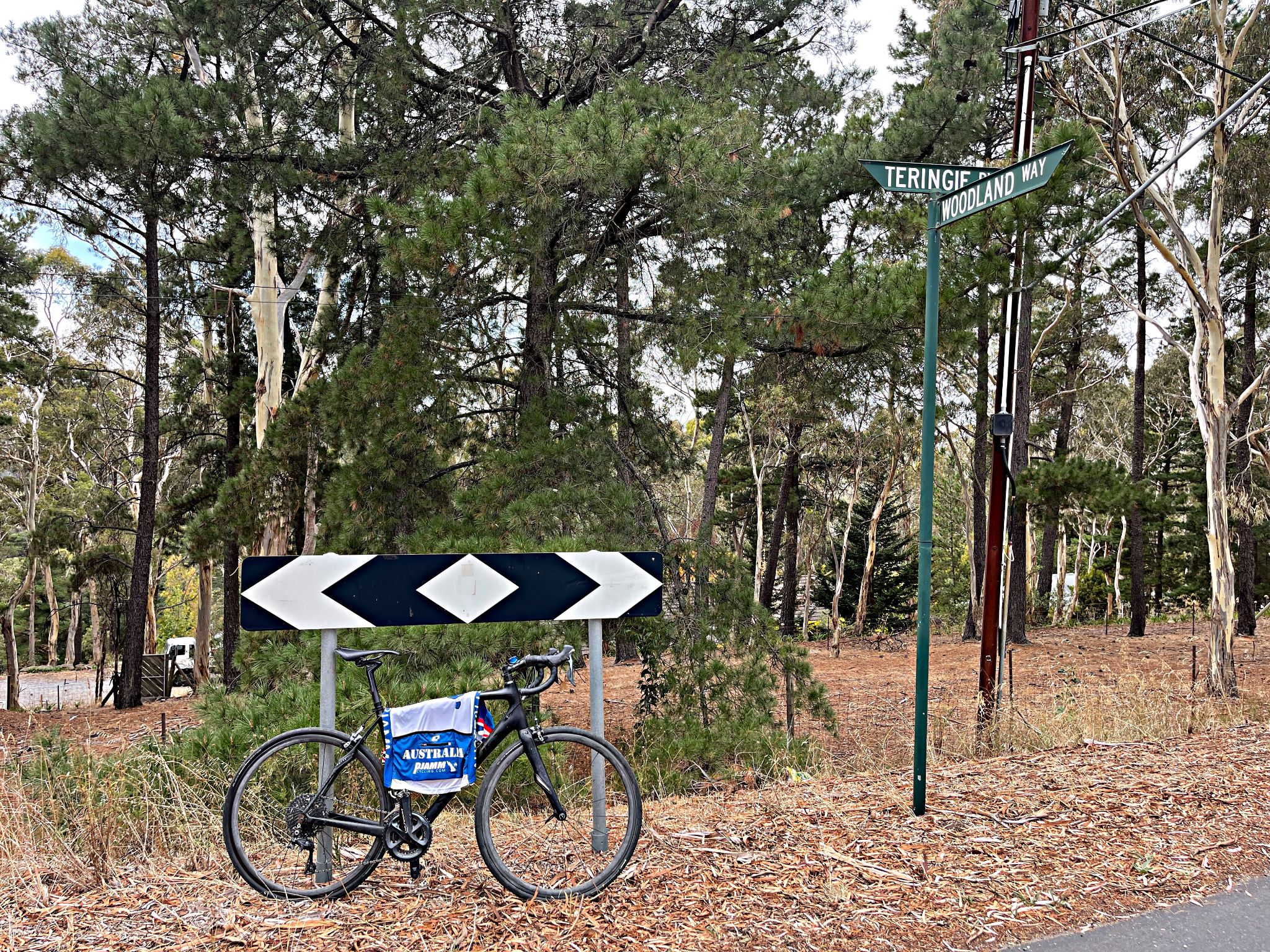 Cycling Coach House Drive and Woodland Way, South Australia bike parked against sign at intersection of Teringie Drive and Woodland Way; climb finish
