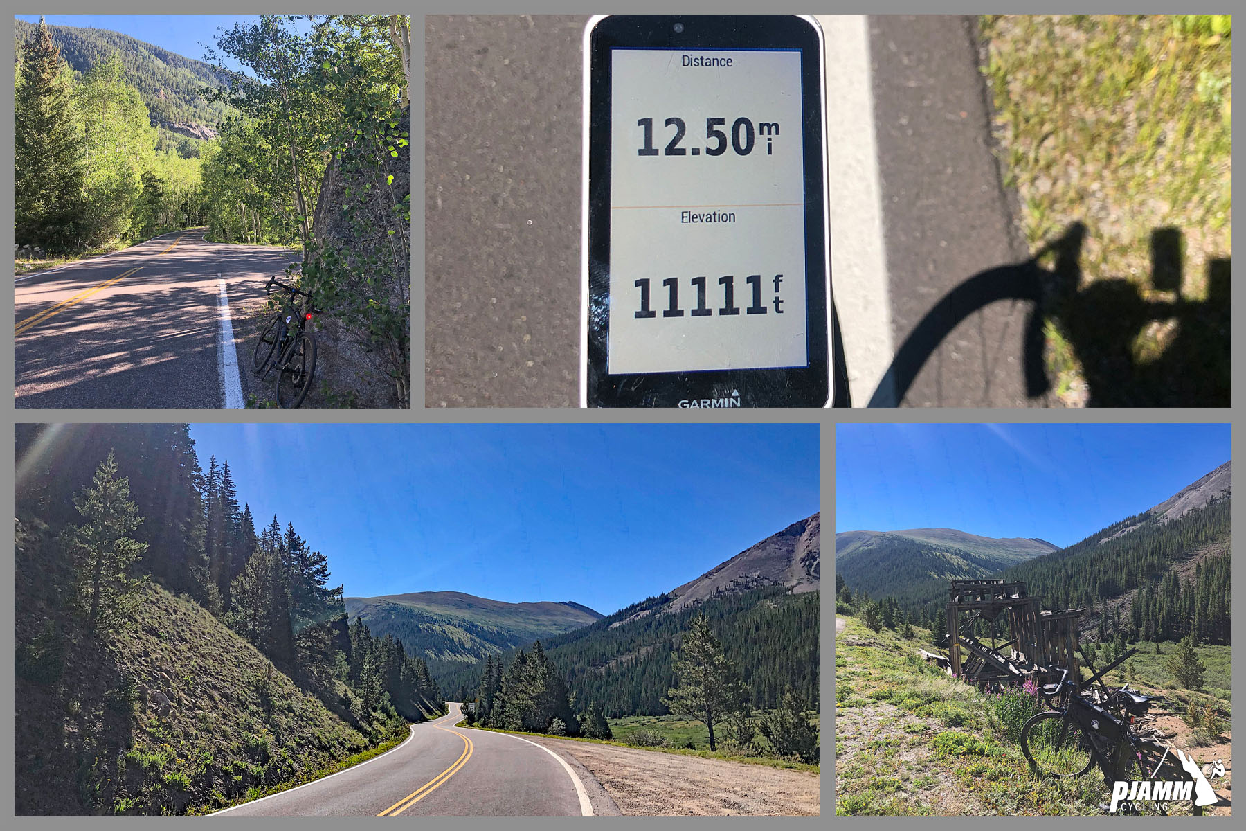 Cycling Independence Pass from Aspen, Colorado - photo collage, PJAMM Cycling logo in corner, Garmin showing 11,111 feet of elevation at mile 12.5, bike parked in front of old mining structure, stretch of two-lane roadway surrounded by gentle hillsides