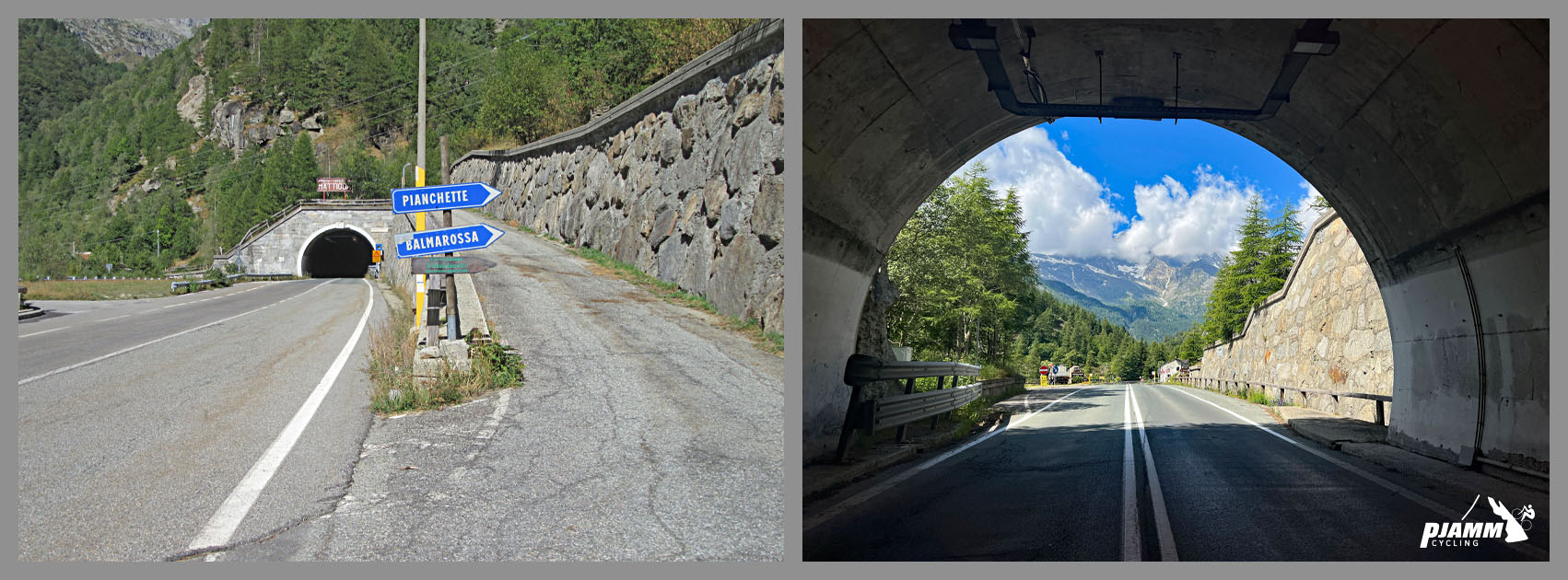 Cycling Colle de Nivolet, Italy - two-lane tunnel, sign for Pianchette, Balmarossa