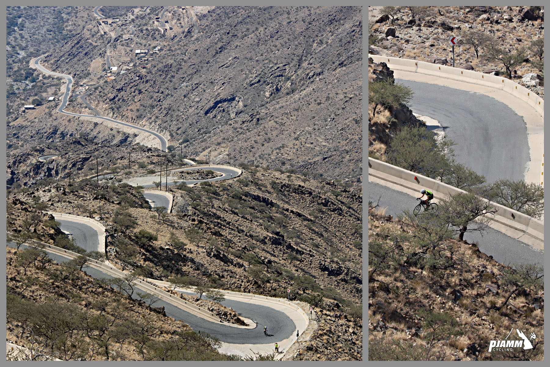 Cycling Baniamr Aquabah Pass, Saudi Arabia - views looking down on roadway from above show multiple sharp and snaking hairpins in the roadway