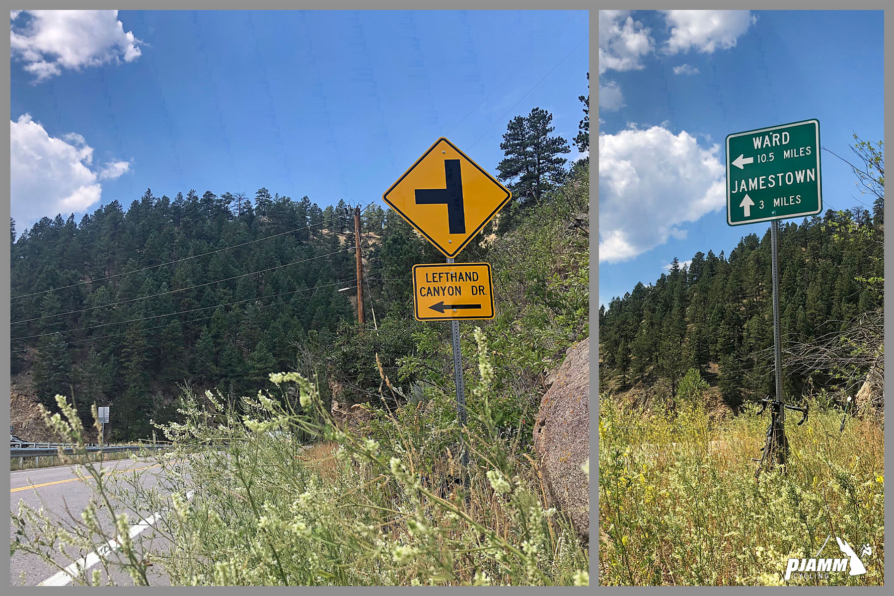 Cycling Left Hand Canyon, Boulder, Colorado - PJAMM Cycling logo in corner, road signs for Lefthand Canyon Drive and Ward and Jamestown