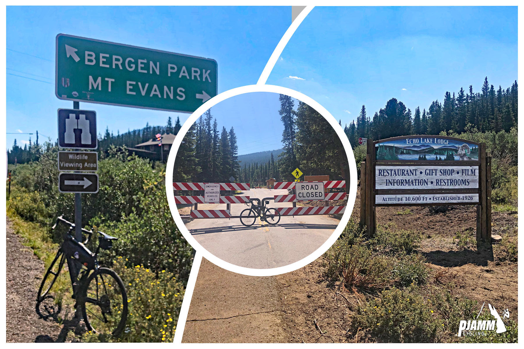 Cycling Mt. Evans, Colorado - photo collage, PJAMM cycling logo in corner, bike parked next to road sign for Bergen Park, Mt. Evans, bike parked in front of road closure signs