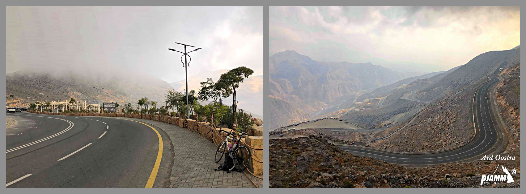 Jebel Jais, Ras Al Khaimah, UAE Jebel Jais, Ras Al Khaimah, UAE - bike parked on side of pristine highway, road snaking up mountainside into clouds