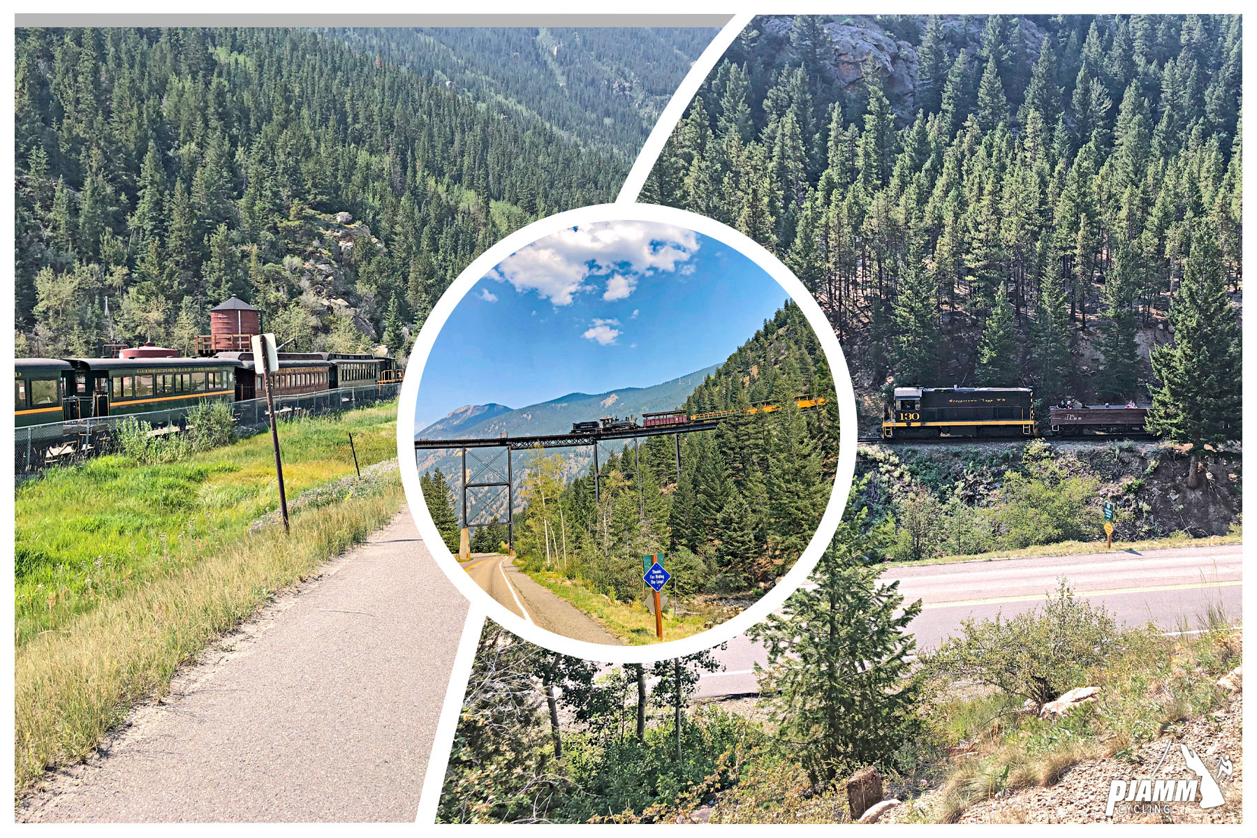 Cycling Loveland Pass from Georgetown - photo collage, PJAMM Cycling logo in corner, train next to bike path, thick forested hillsides, train on train bridge over roadway