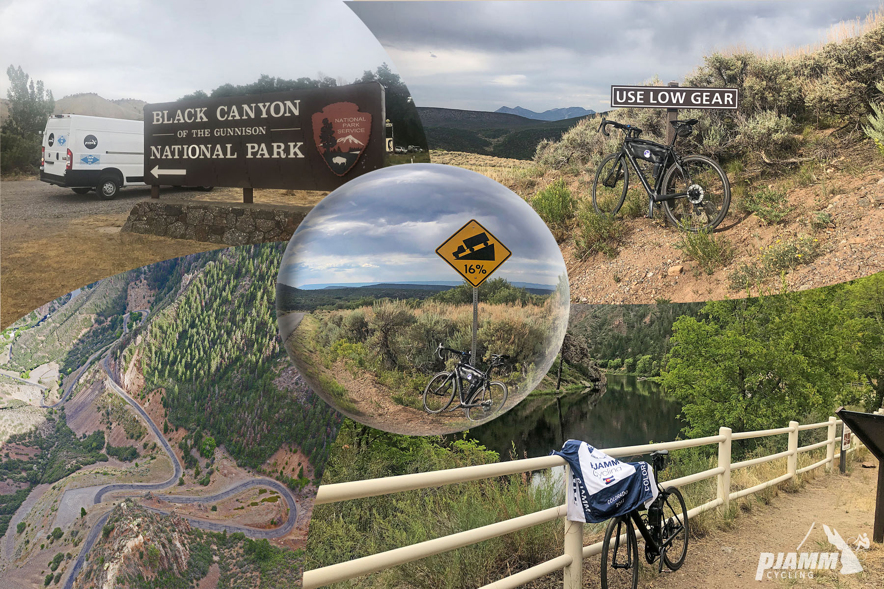 Cycling East Portal, Colorado - photo collage, PJAMM Cycling logo in corner, PJAMM white SAG van parked next to NPS sign for Black Canyon of the Gunnison Nationla Park, aerial views of road snaking up hillside, bike parked in front of signs for 16% grade and "Use low gear" sign, bike parked against white fence with PJAMM cycling jersey draped over it