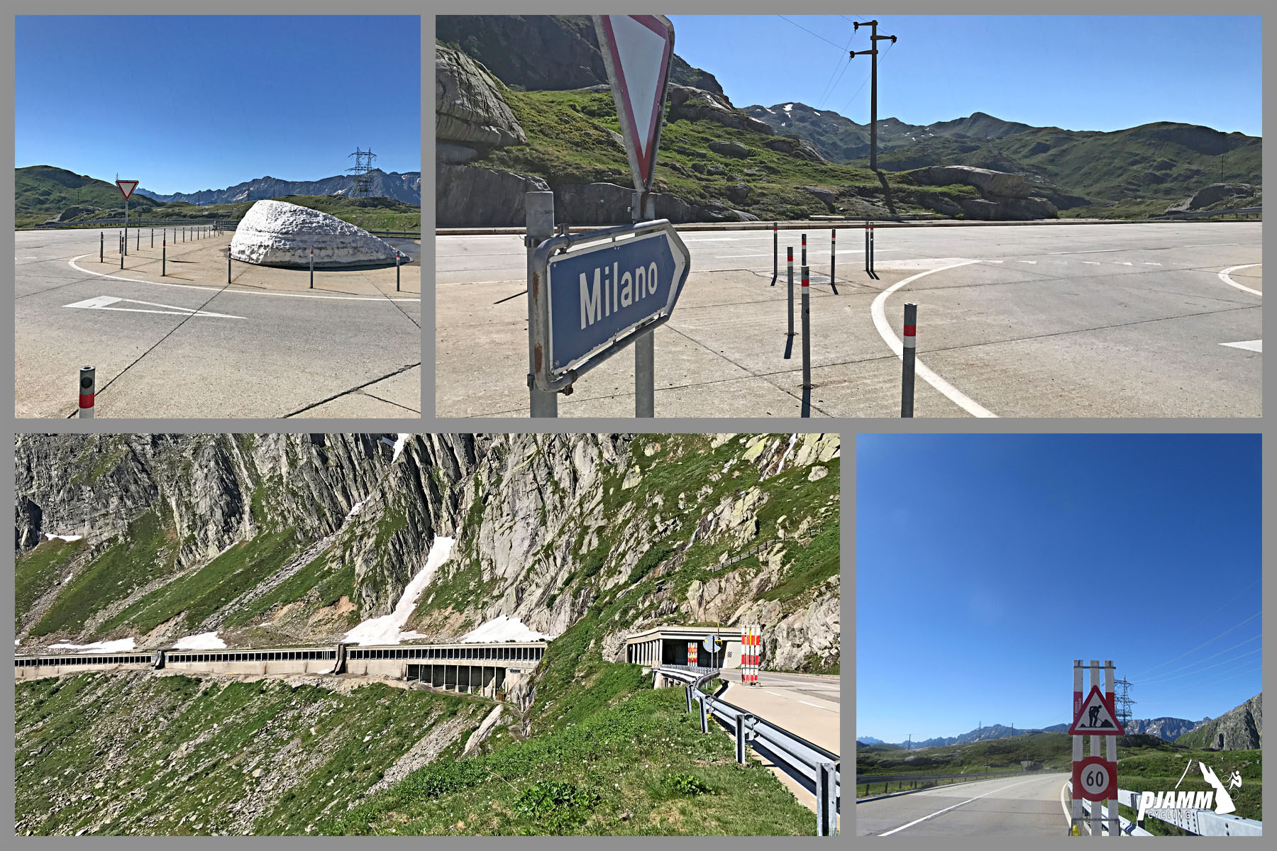 Cycling Gotthard Pass (St. Gotthard Pass), Switzerland - long mountain tunnel, sroad sign for Milano