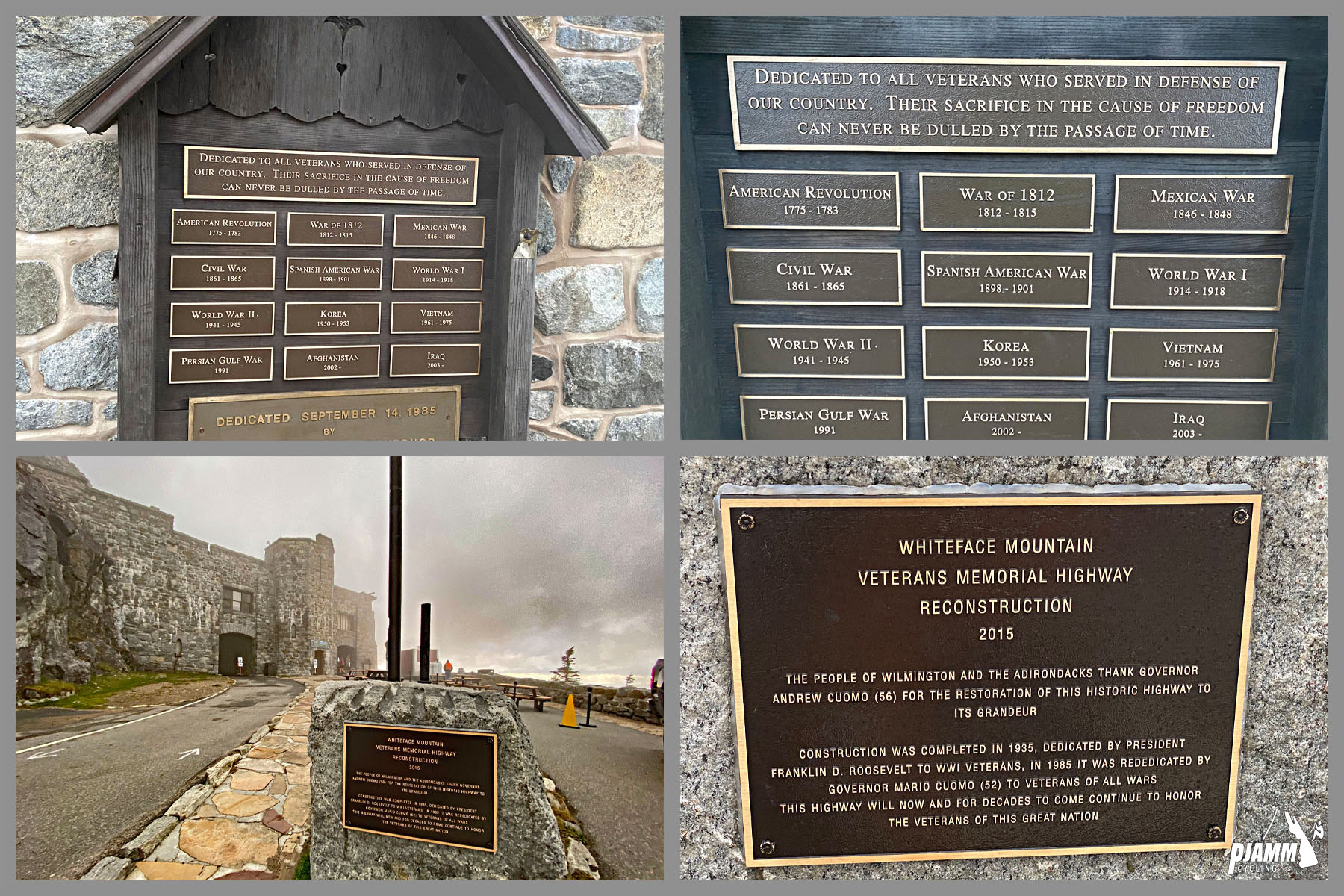 Cycling Whiteface Mountain, New York - signs and plaques at castle at ride's summit