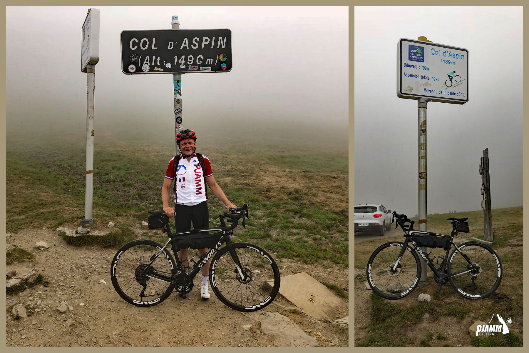 PJAMM Cyclist John Johnson stands with bike at summit of Col d'Aspin bike climb