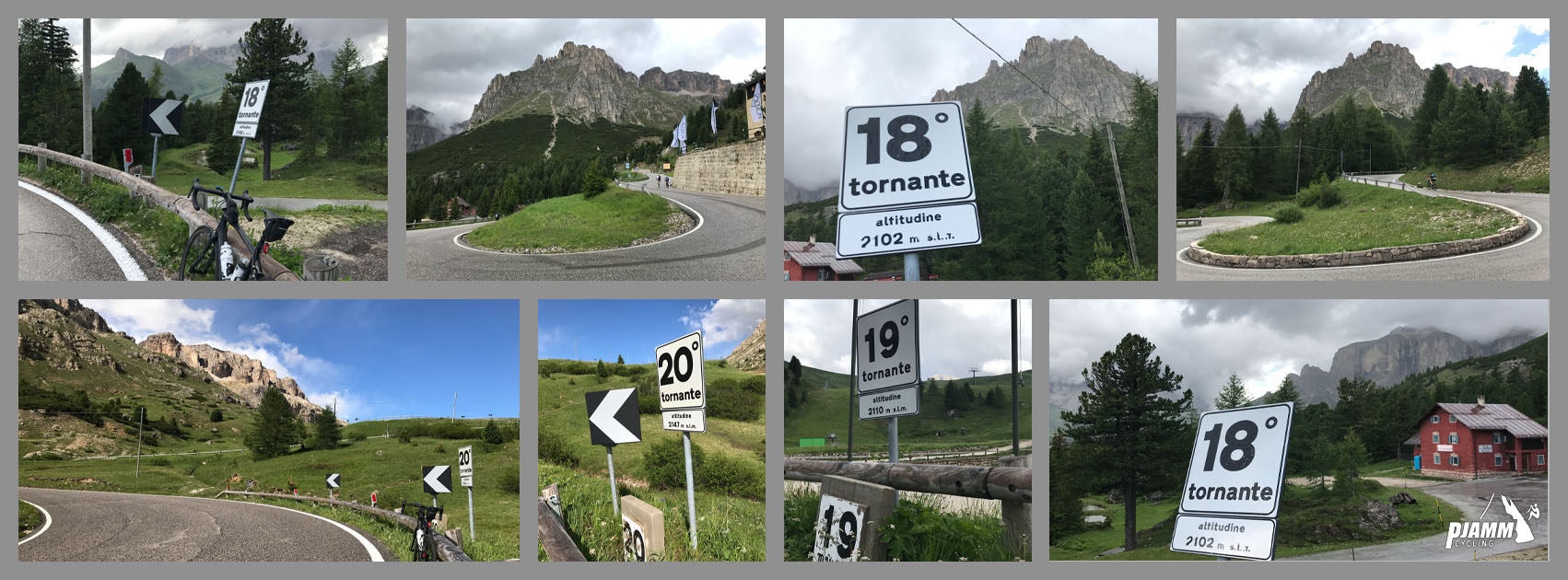 Cycling Passo Pordoi from Canazei - road signs mark the turns on the climb