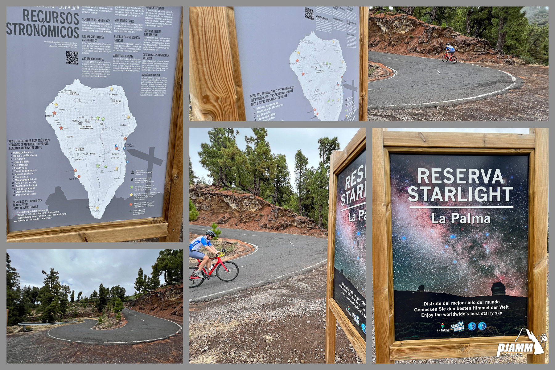 photo collage shows multiple informational signs reading "Reseva Starlight: La Palma," hairpin turn in roadway