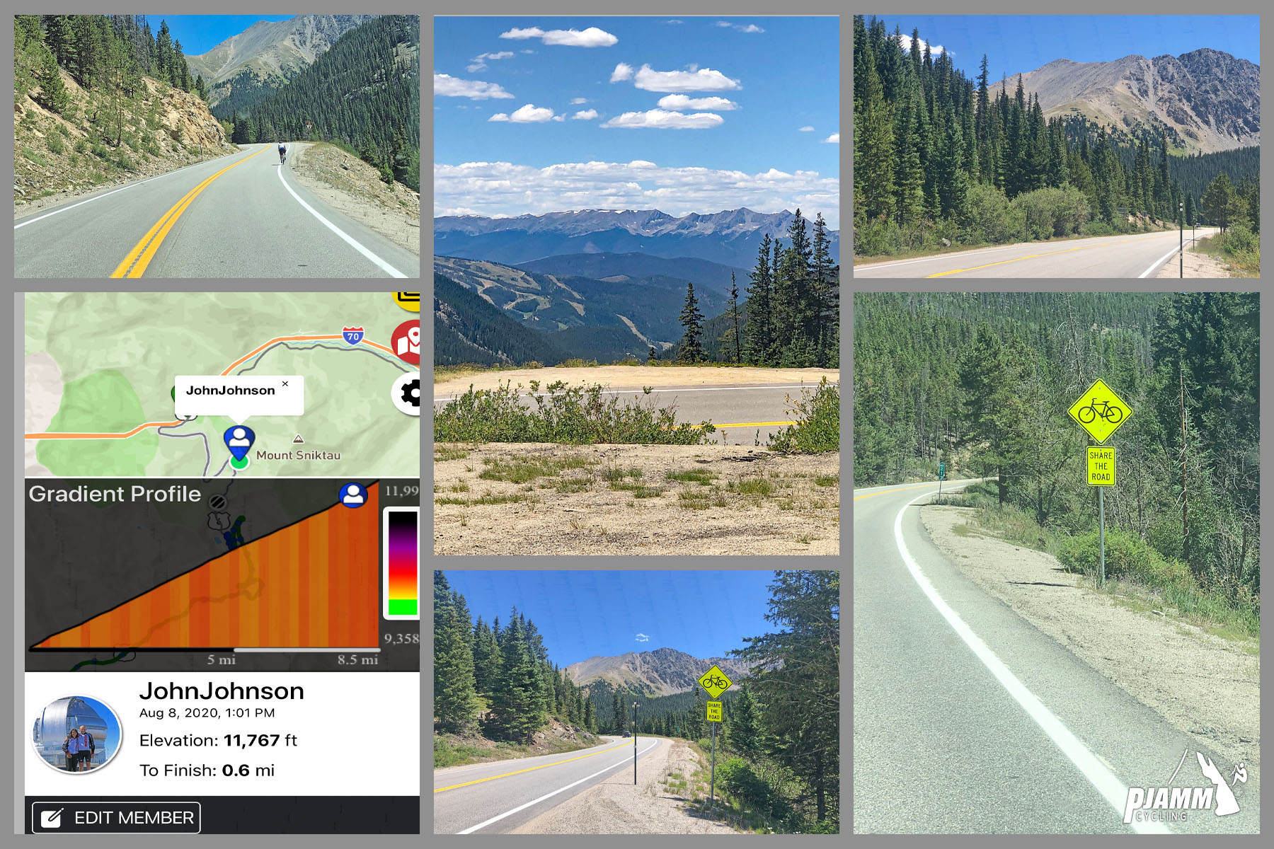 Cycling Loveland Pass South - photo collage, PJAMM Cycling logo in corner, climb gradient, cyclist on two lane highway along mountainside, stretch of mountains visible from roadway
