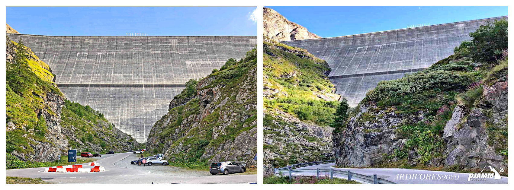 Cycling Barrage de la Grande Dixence, Switzerland Cycling Barrage de la Grande Dixence, Switzerland - The Grande Dixence Dam, tallest gravity dam in the world, cars parked in front of dam look very small, showcasing how tall dam is, PJAMM Cycling logo in corner