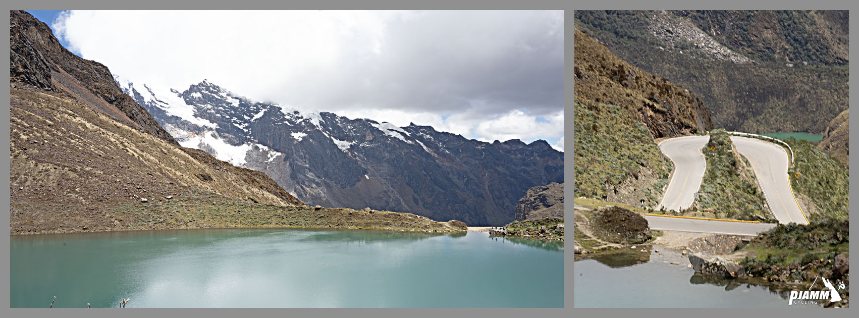 Cycling Punta Olimpica East, Peru - photo collage shows Laguna Belaunde, a bright blue glacially formed lake, alongside the sharp hairpin in the road that leads up to it