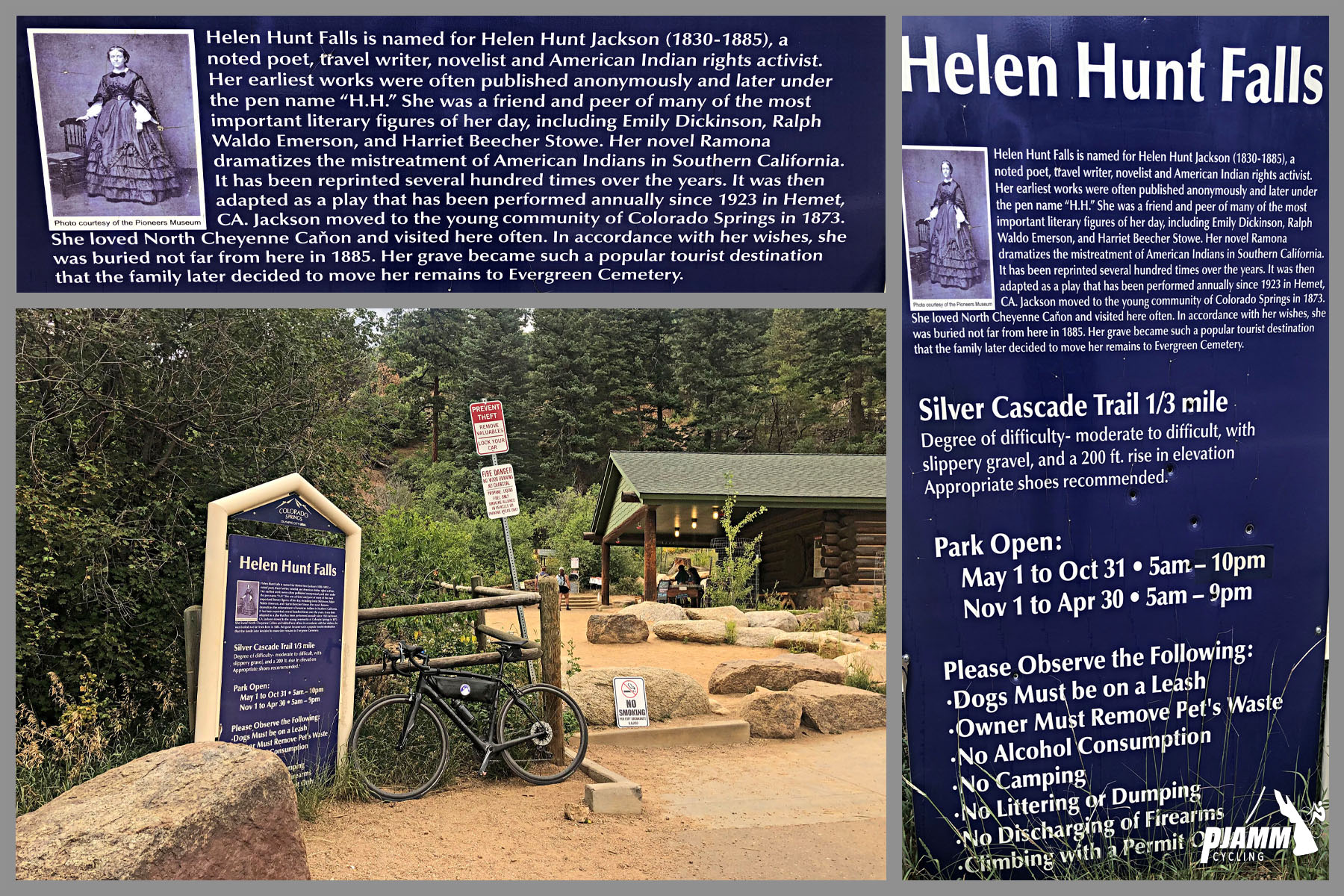Cycling North Cheyenne Cañon, Colorado Springs - photo collage, PJAMM Cycling logo in corner, informational signs at Hellen Hunt Falls