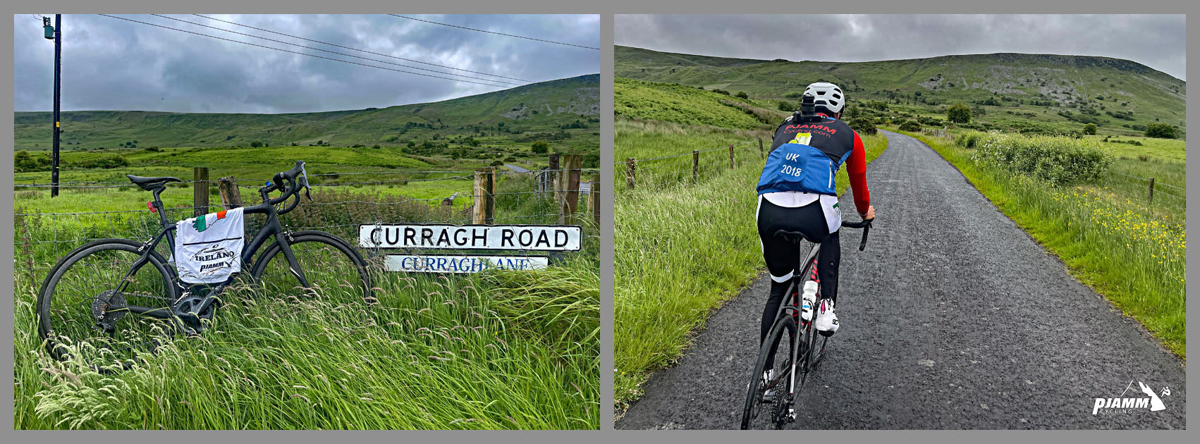 bike parked in grass on roadside next to white street sign for Curragh Road