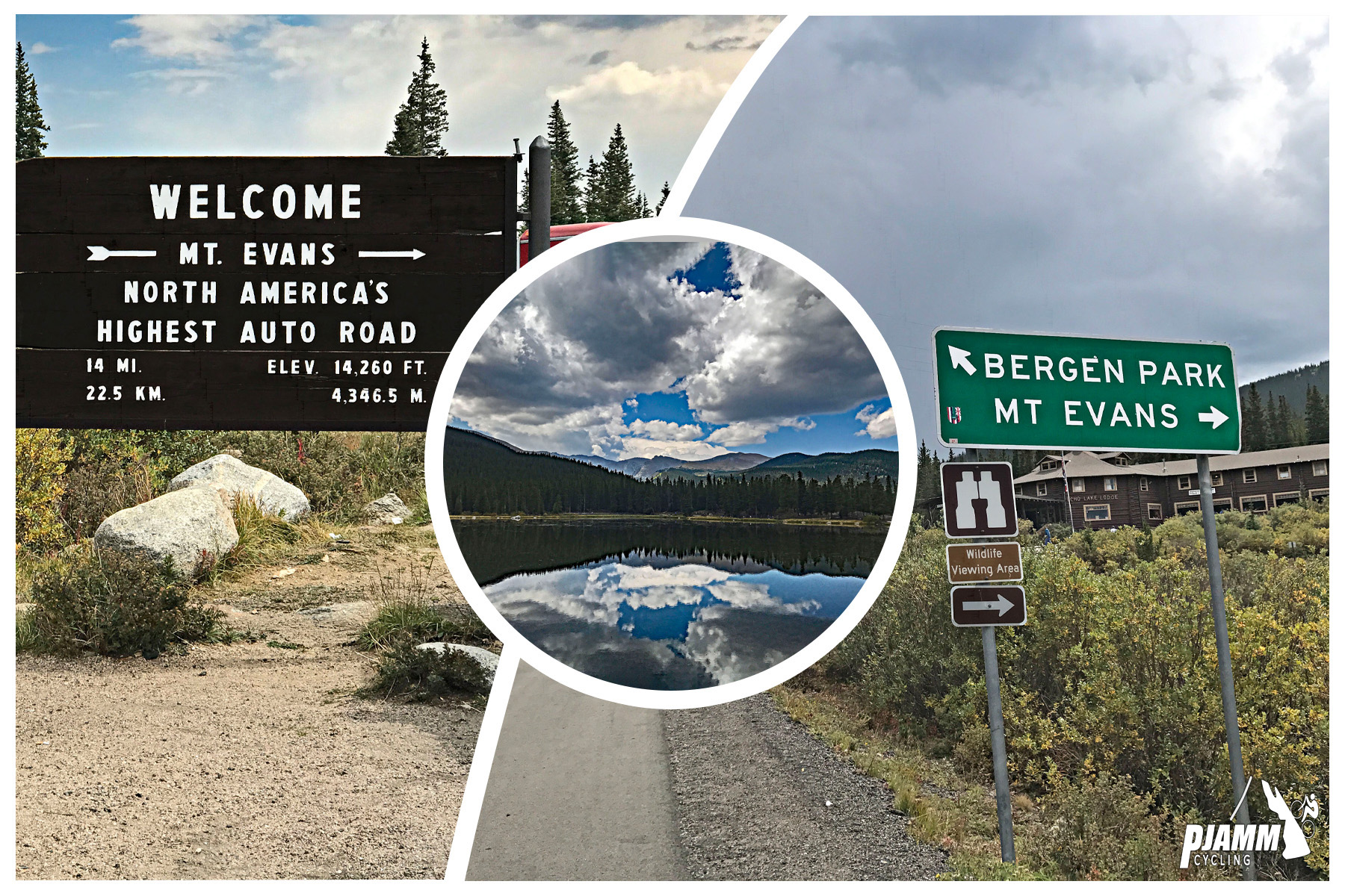Cycling Juniper Pass West - photo collage, PJAMM Cycling logo in corner, Welcome sign for Mt. Evans, North America's Highest Auto road, reflection in Echo Lake of mountains, clouds, evergreens, road sign for Bergen Park and Mt. Evans