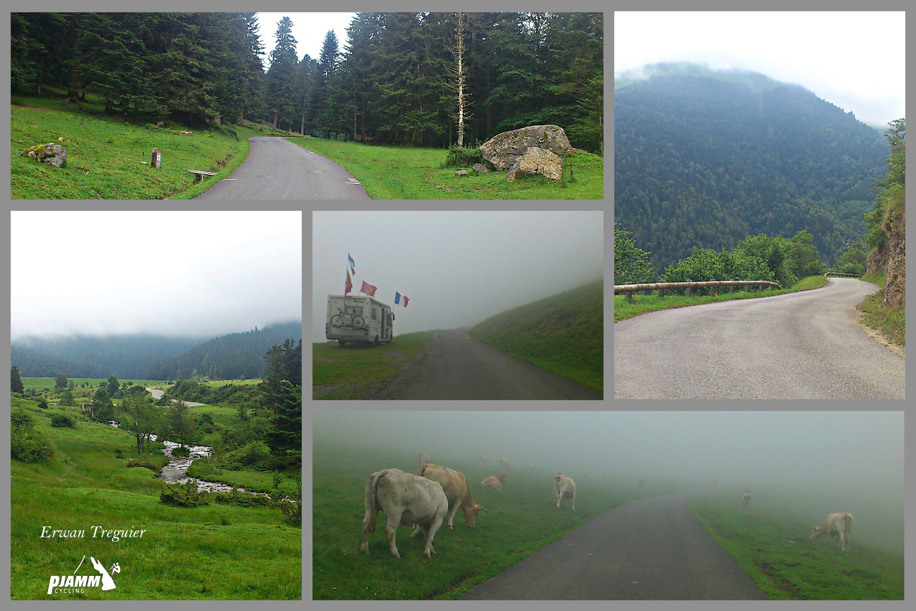 photo collage shows idyllic views along the climb - bright green hillsides, a small river winding through a valley, cows grazing in the grass along the hillside, foggy day