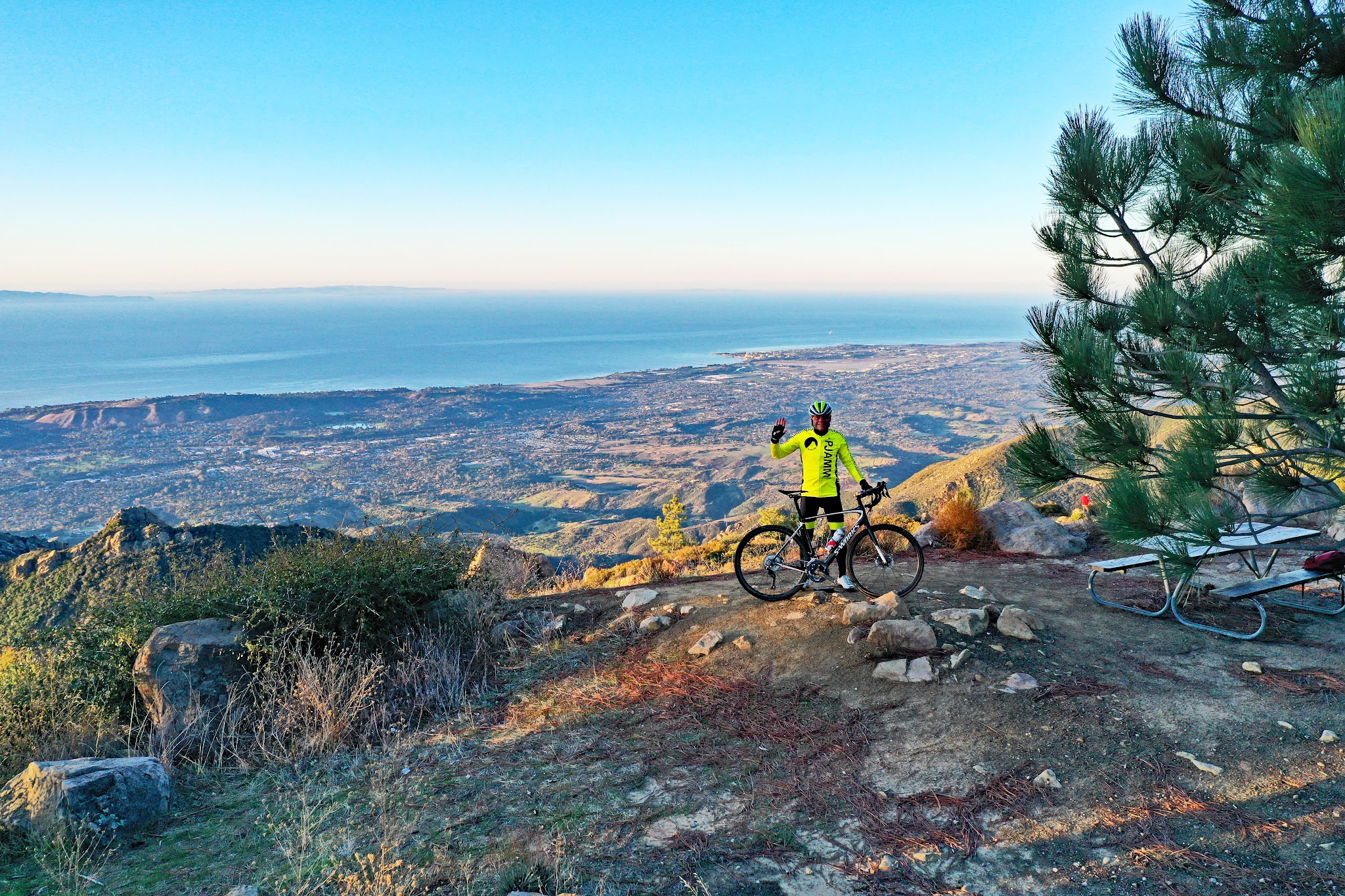 View of Pacific Ocean and Santa Barbara after climbing by bike to  La Cumbre Peak
