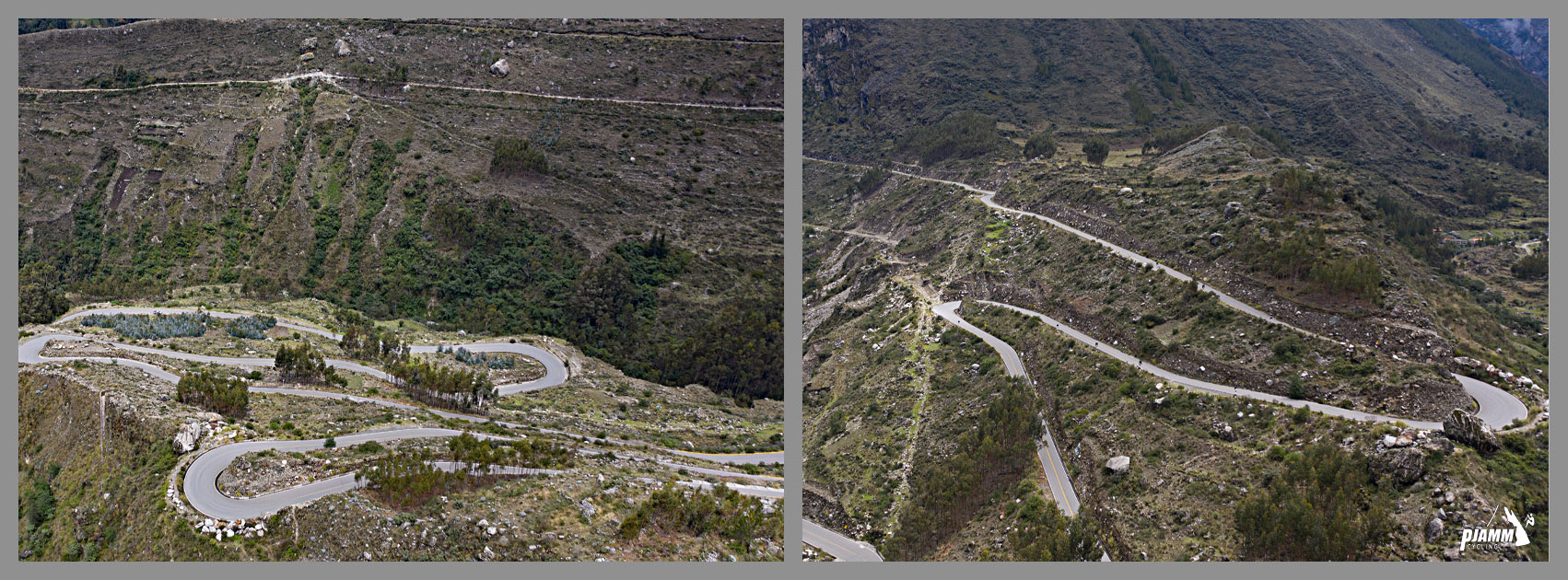 aerial views of two sets of hairpin turns in the roadway, shortly before entering national park