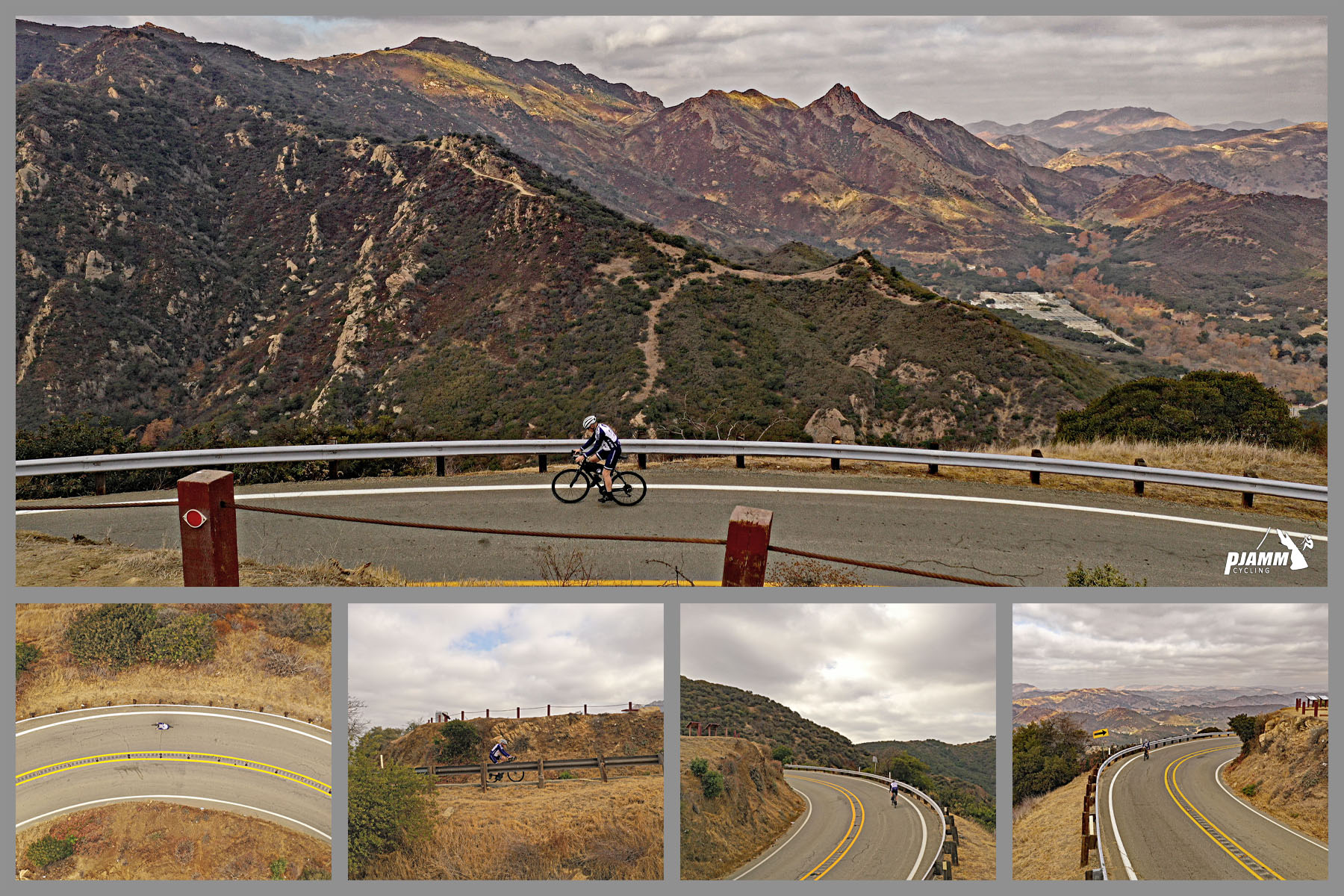 Cycling Malibu Canyon Road to the top of Piuma Road - PJAMM Cyclist rides on giant hairpin turn just below David M. Brown overlook, Santa Monica Mountians