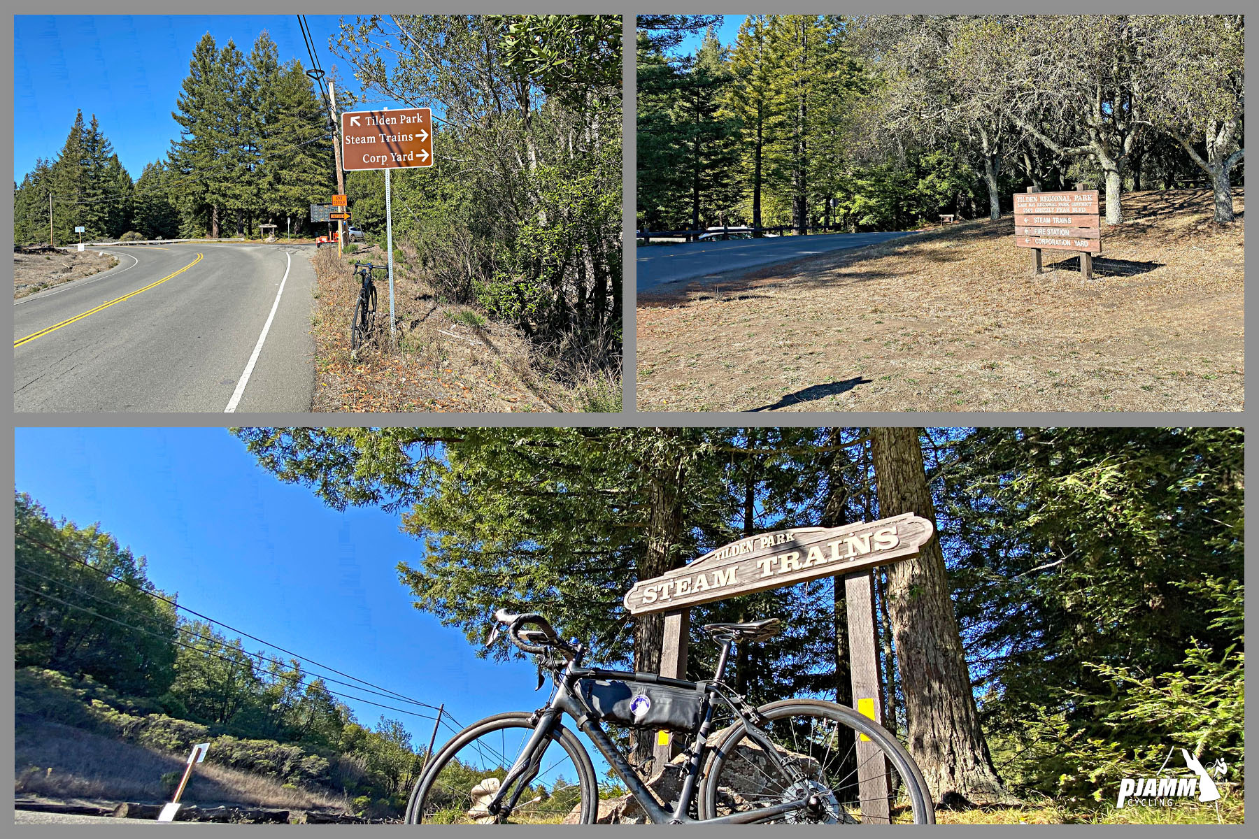 Cycling Tunnel to Grizzly Peak, California - bike parked against sign reading "Steam Trains"