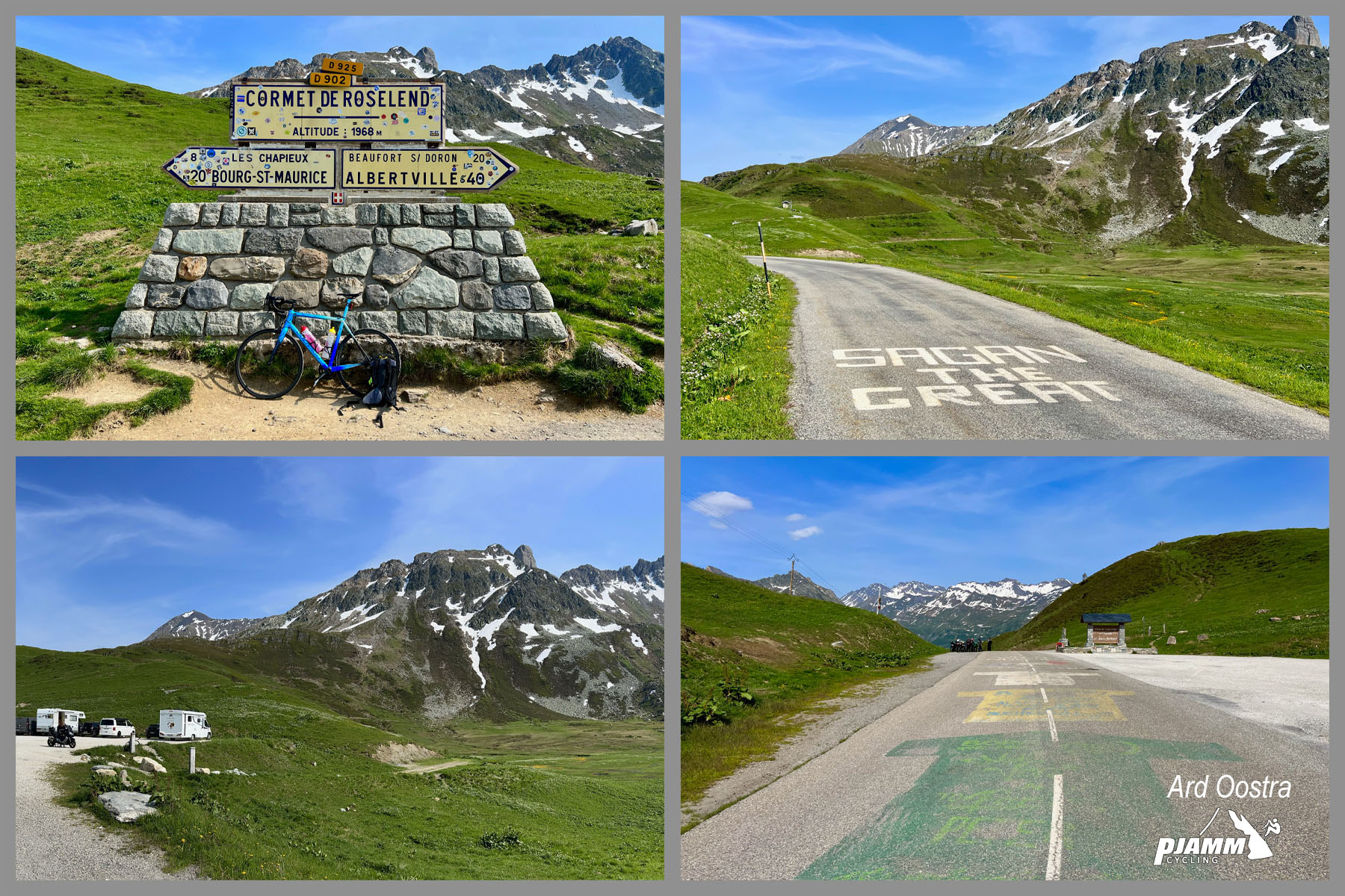 photo collage shows signs for Cormet de Roseland, road painted to read "Sagan the Great"