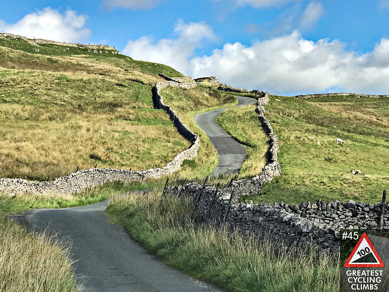 Cycling Park Rash - narrow, one-lane country road meandering uphill surrounded with low stone walls on either side, pastureland beyond, blue sky and white fluffy clouds, Simon Warren's 100 Greatest Cycling Climbs #45 logo in corner