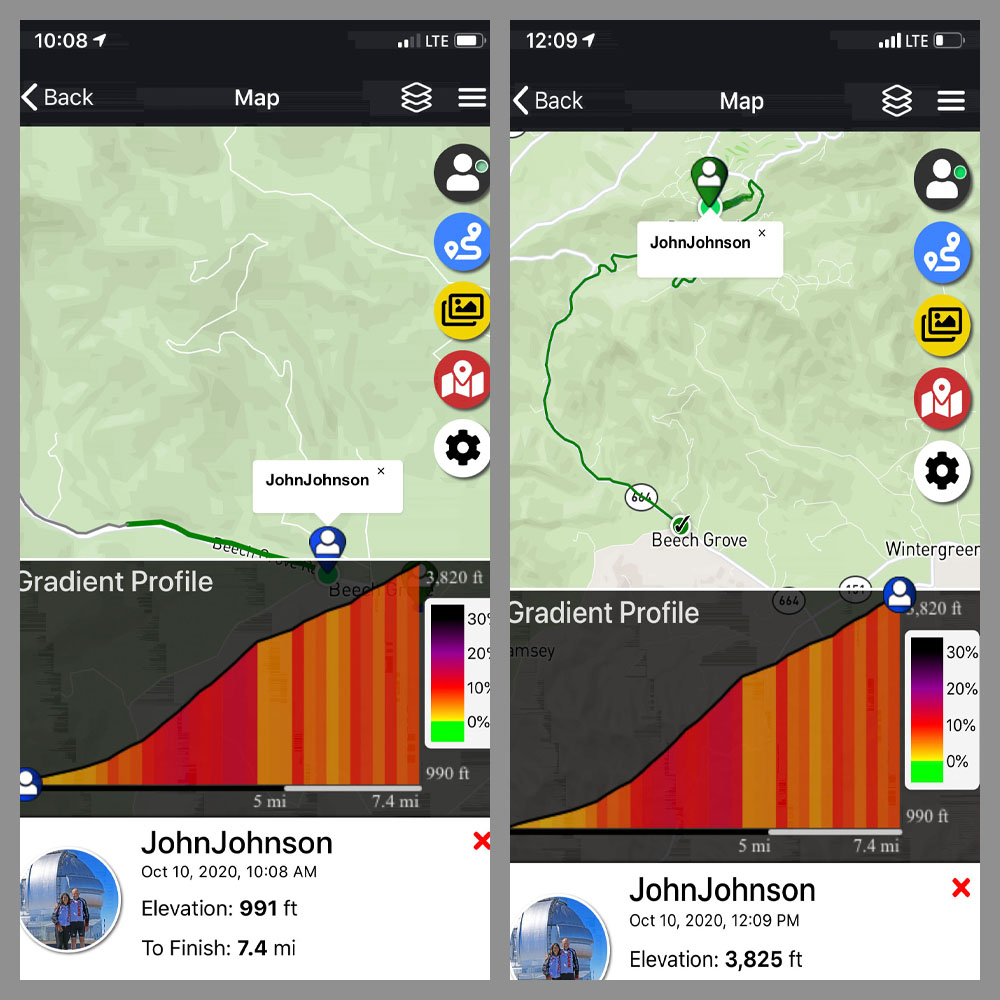Cycling Wintergreen, Virginia - PJAMM Adventure App shows climb grade and profile