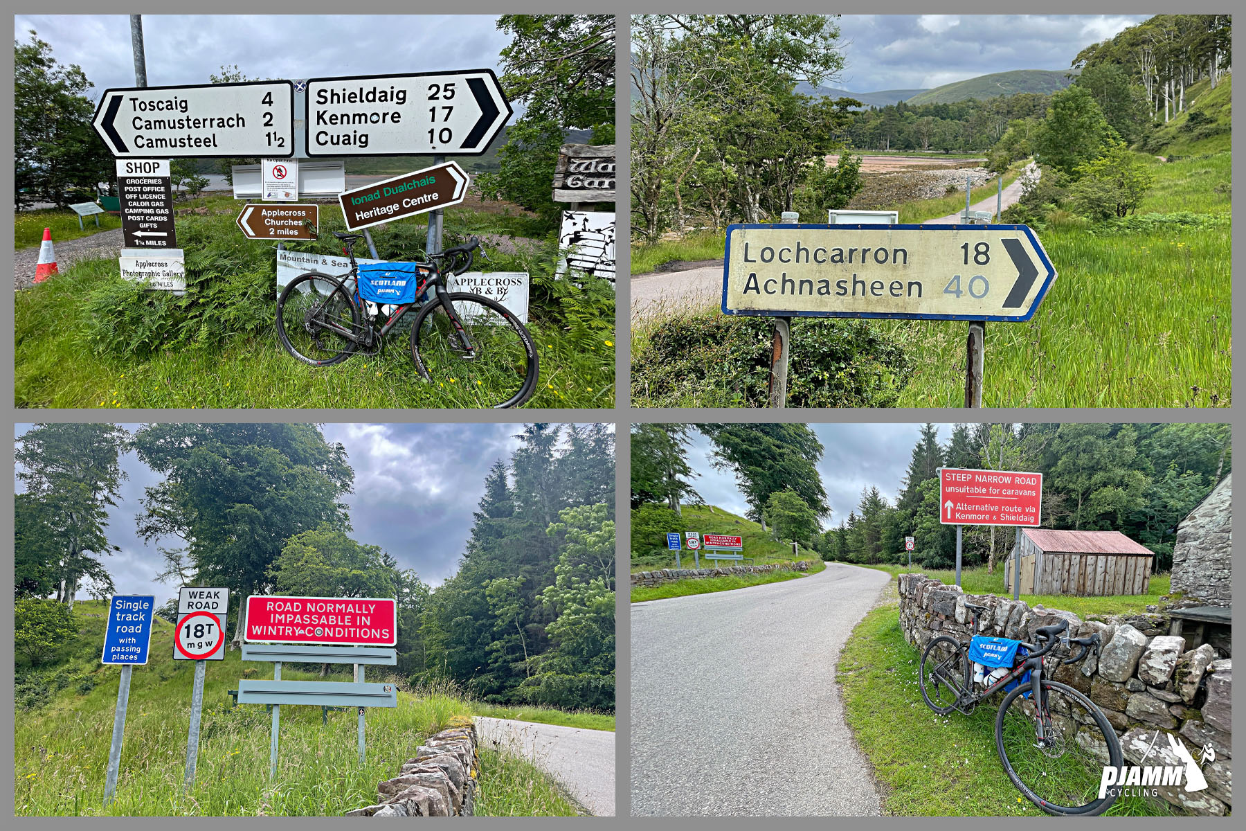 photo collage shows road signs at climb start