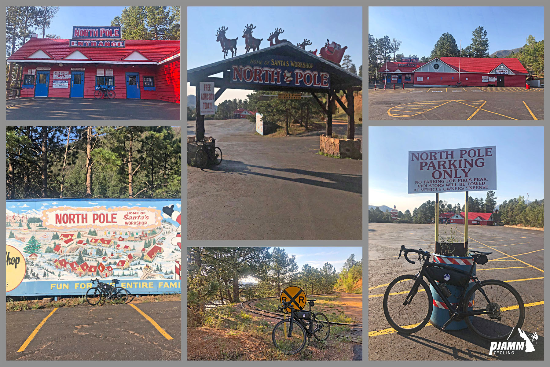 Cycling Pikes Peak - photo collage, PJAMM Cycling logo in corner, various signs at Santa's Workshop amusement park