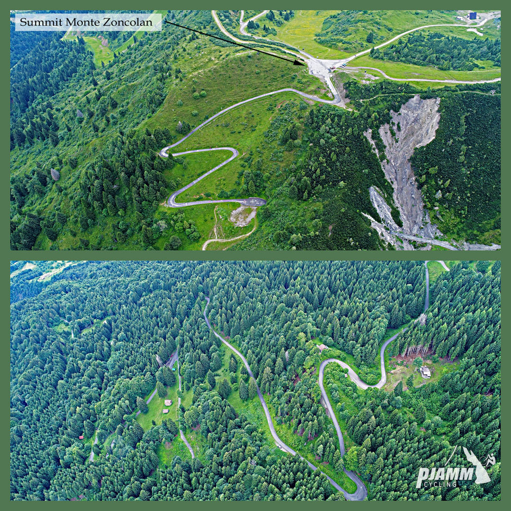 Cycling Monte Zoncolan from Ovaro - aerial drone photo of hairpins (tornante)