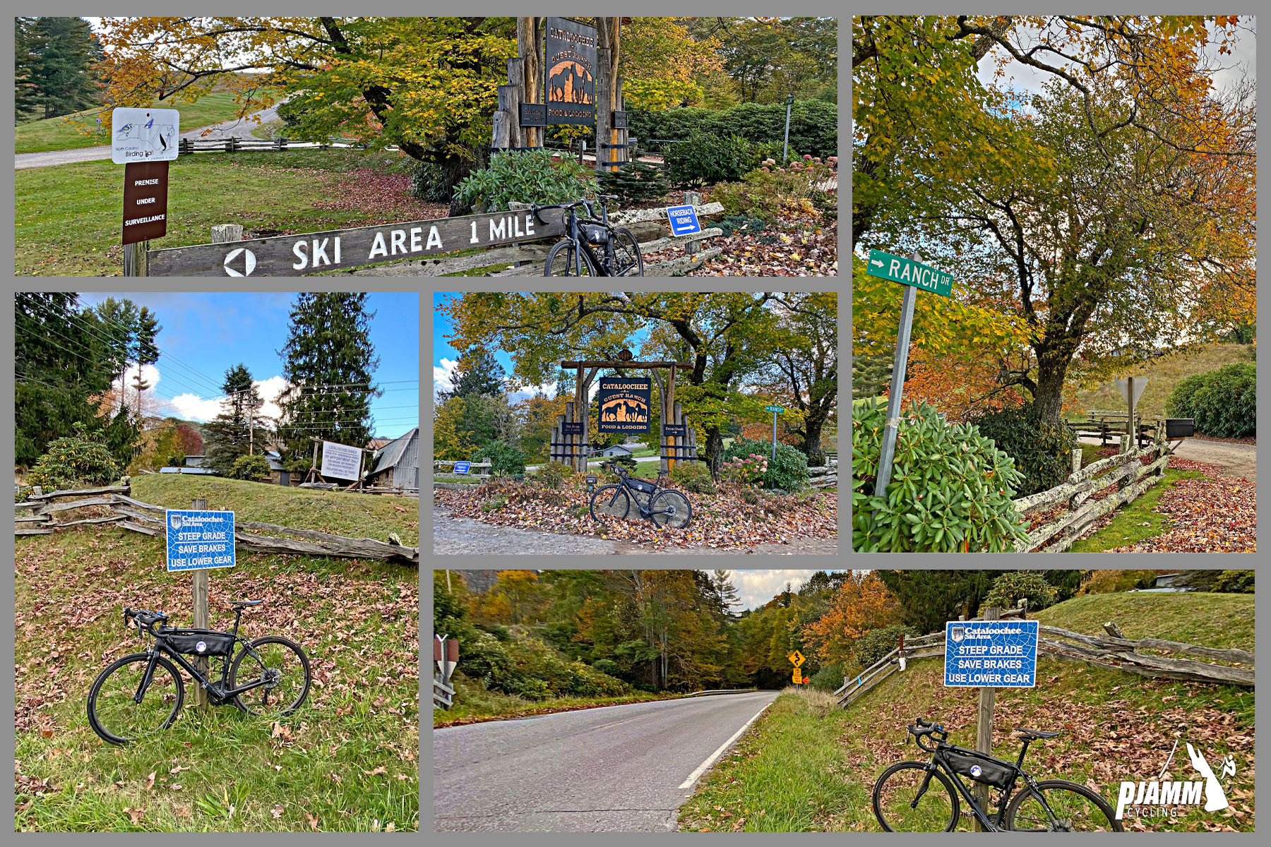 Cycling Fie Top Road, North Carolina - climb finish, junction of several dirt roads, road signs read "Ski Area 1 Mile", Ranch Road, "Steep Grade Save Breaks Use Lower Gear"