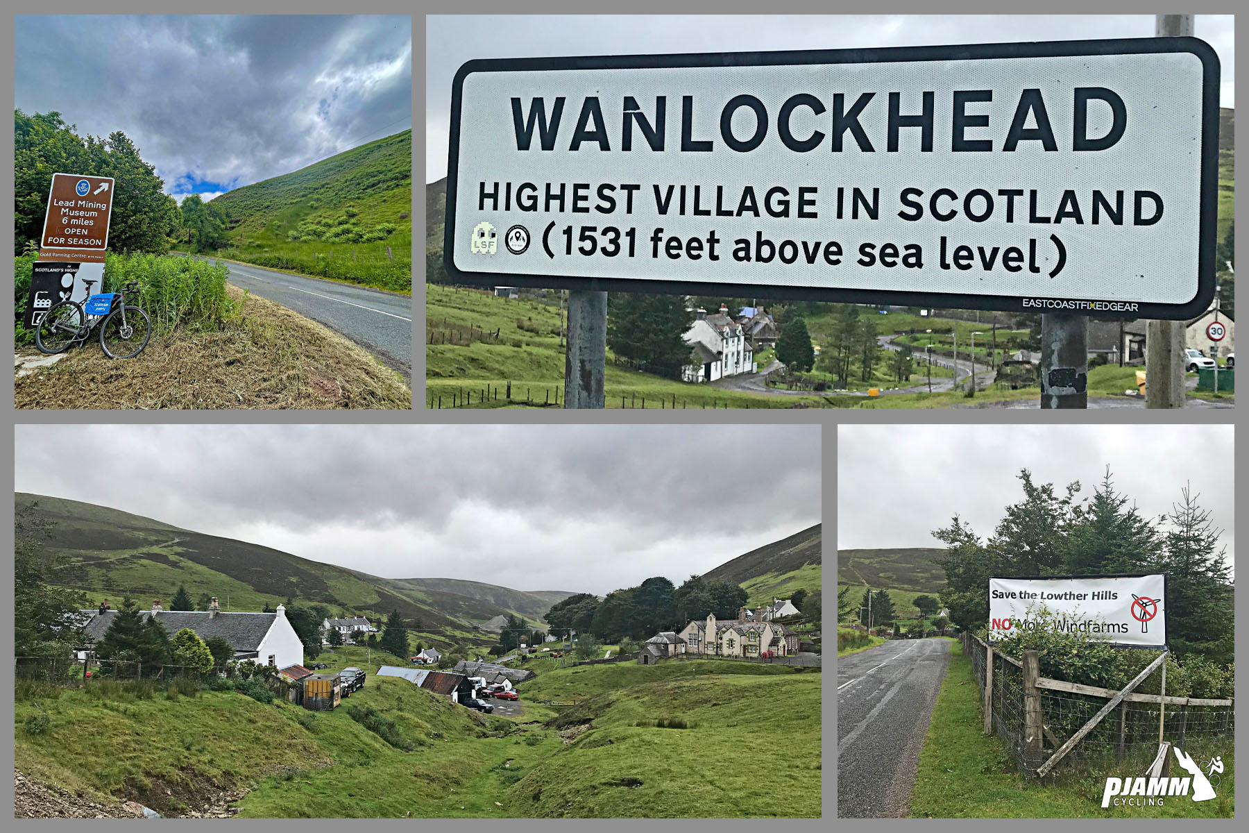 Cycling Mennock Pass, Scotland photo collage shows views of Wanlockhead, the highest village in Scotland (1531 feet above sea level)