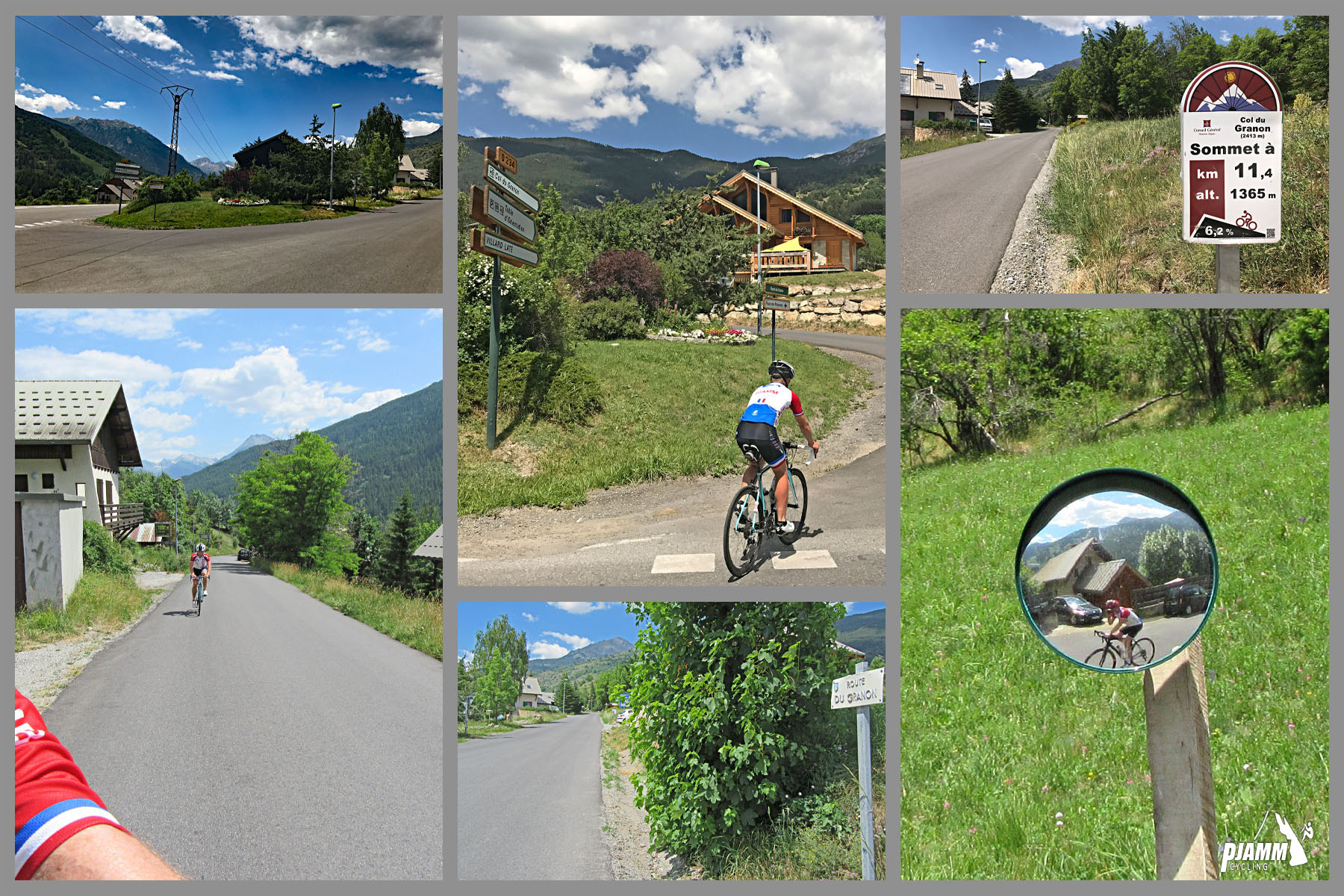 Cycling Col du Granon - photo collage; PJAMM Cyclist rides along single lane country road surrounded by lush green grass