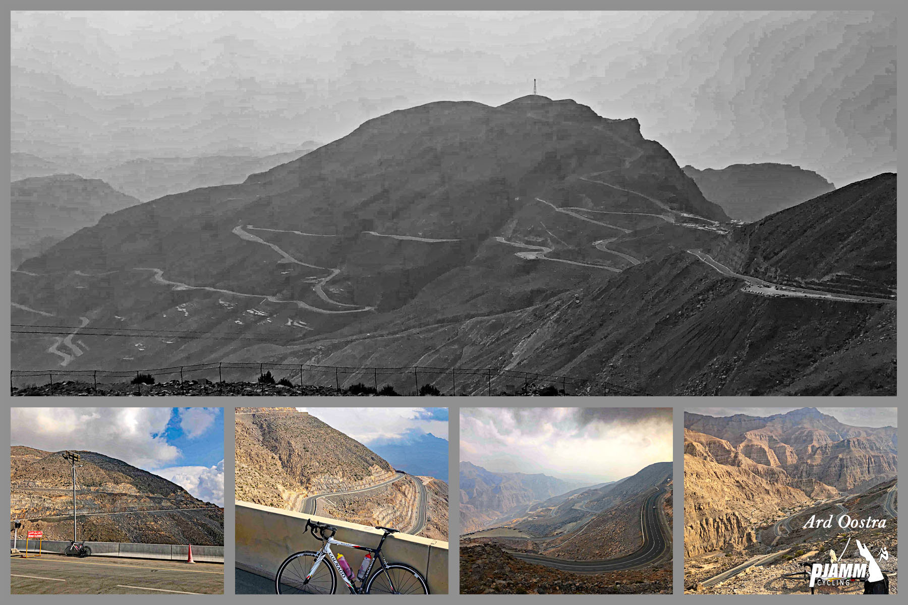 Jebel Jais, Ras Al Khaimah, UAE Jebel Jais, Ras Al Khaimah, UAE - photo collage, panoramic view shows hairpins snaking up mountainside, aerial views show hairpins carved into side of mountain, bike parked against low retaining wall on roadside, PJAMM Cycling logo in corner