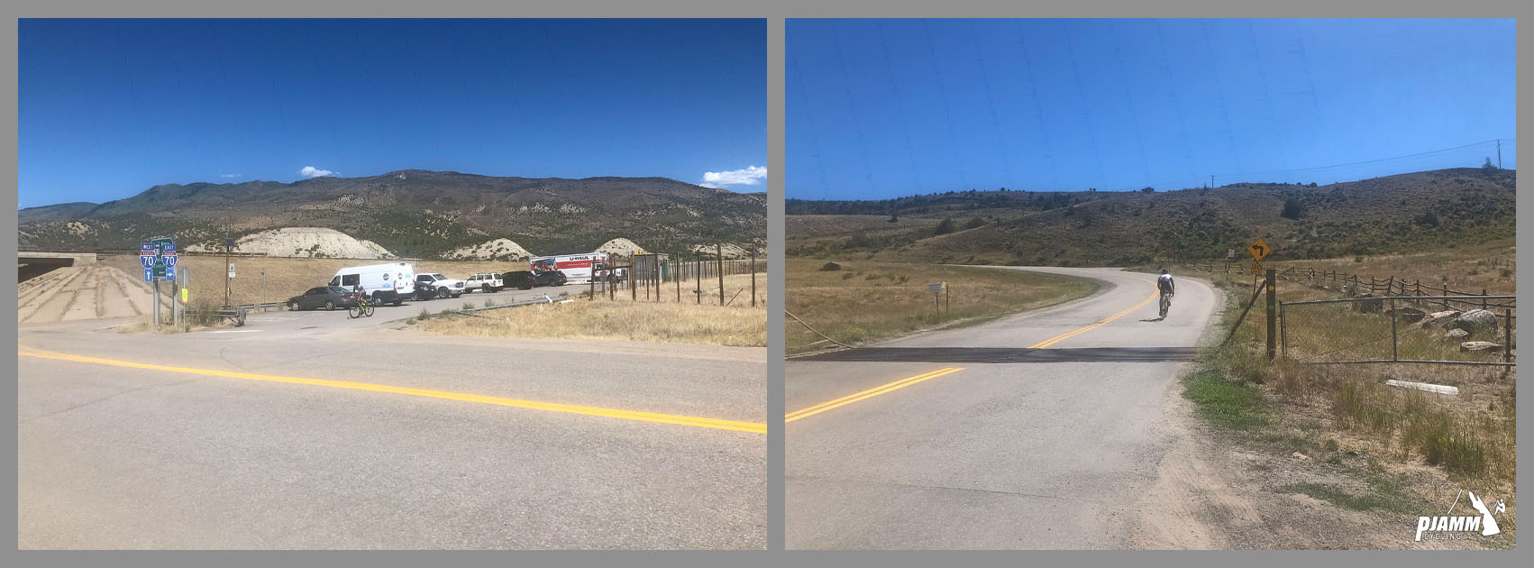 Cycling Bellyache Ridge, Colorado - PJAMM Cycling logo in corner, parking lot at climb's start