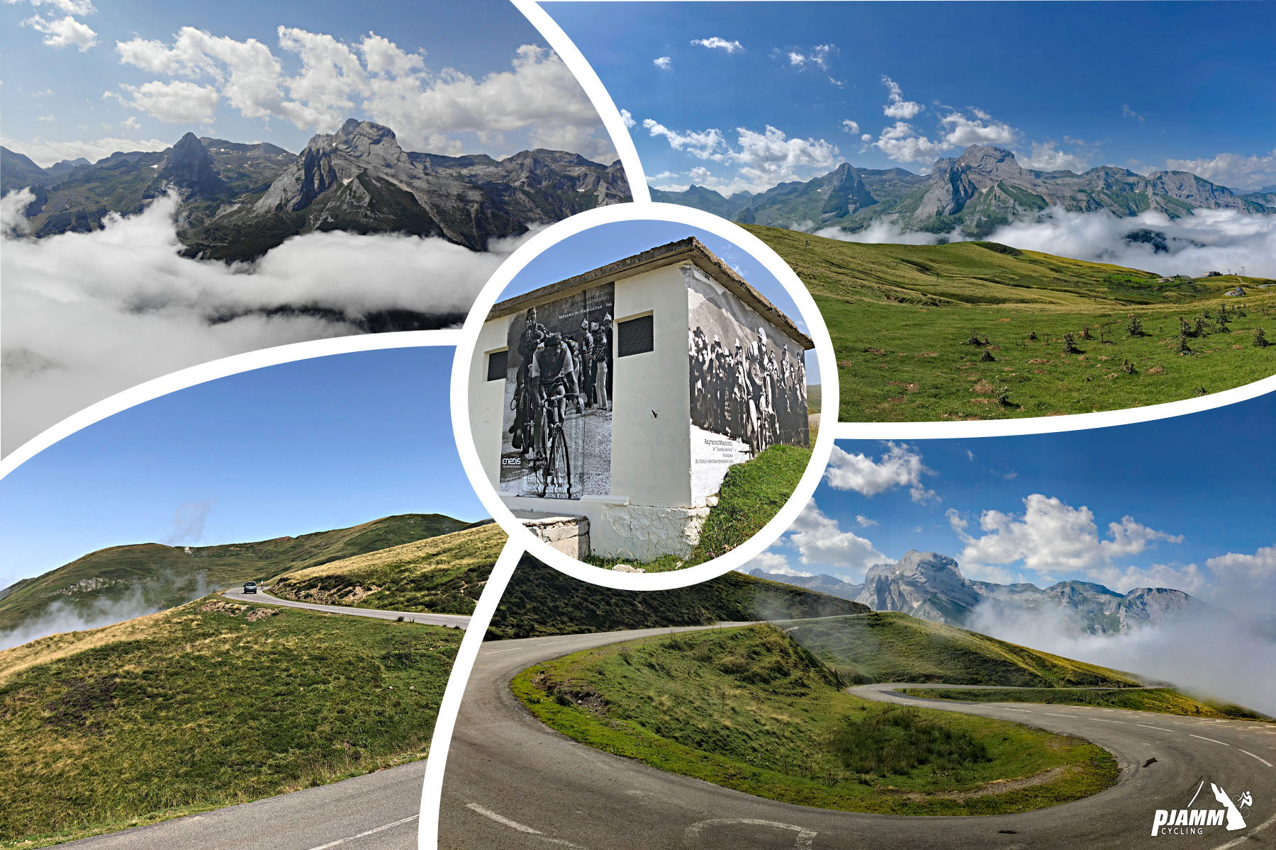 photo collage of last KM of climb; white building with large black and white Tour de France images on side; huge hairpin turn approaching climb summit